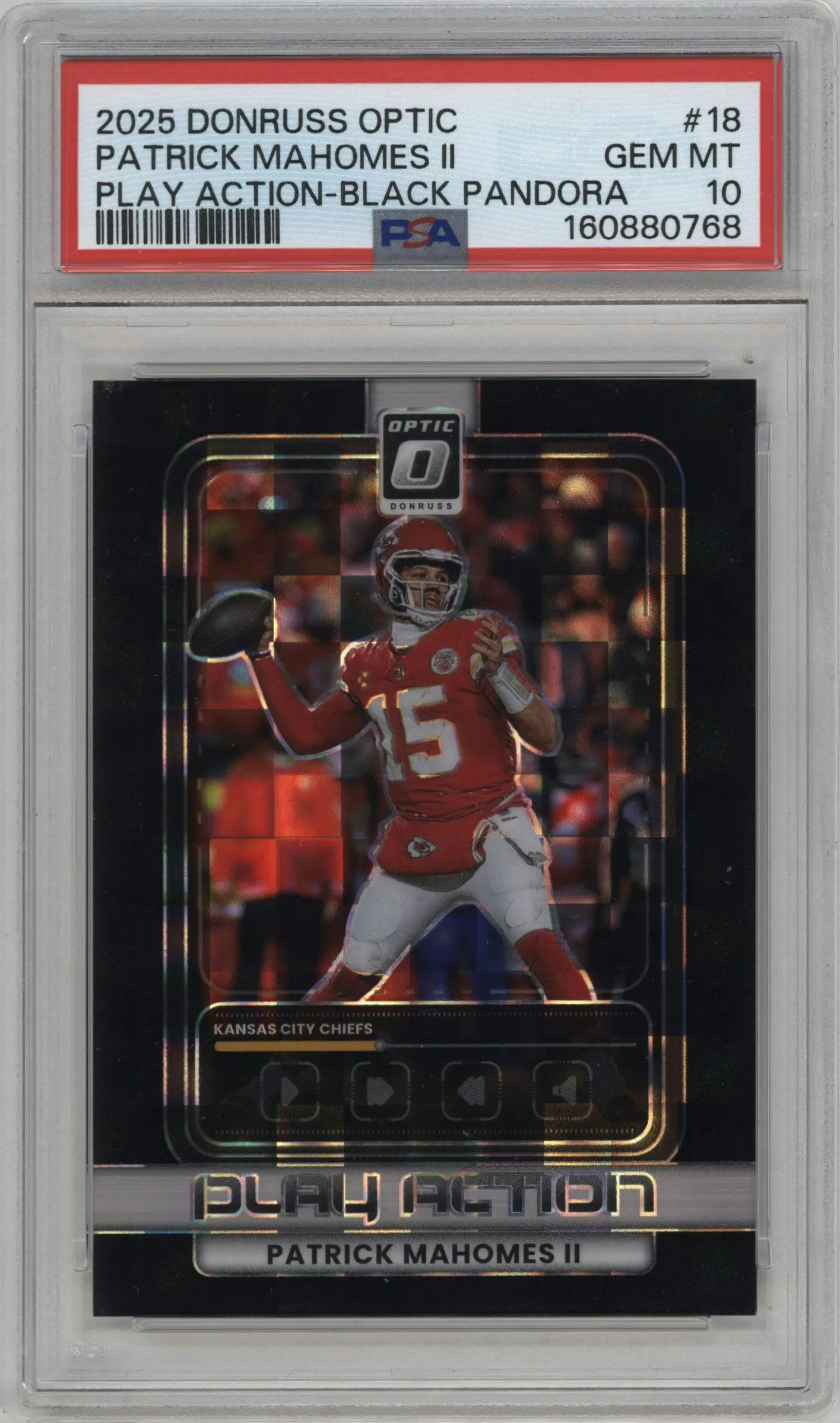 2025 Donruss Optic Play Action Patrick Mahomes II Black Pandora #18 PSA 10