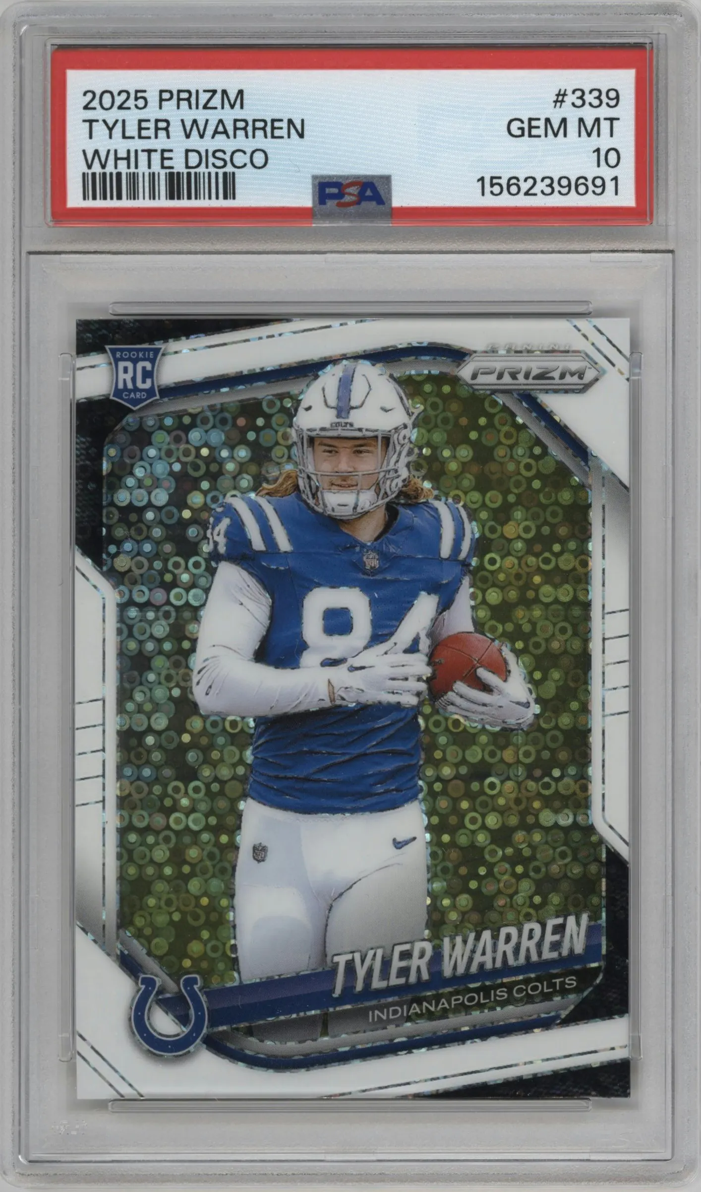 2025 Panini Prizm Tyler Warren White Disco #339 PSA 10