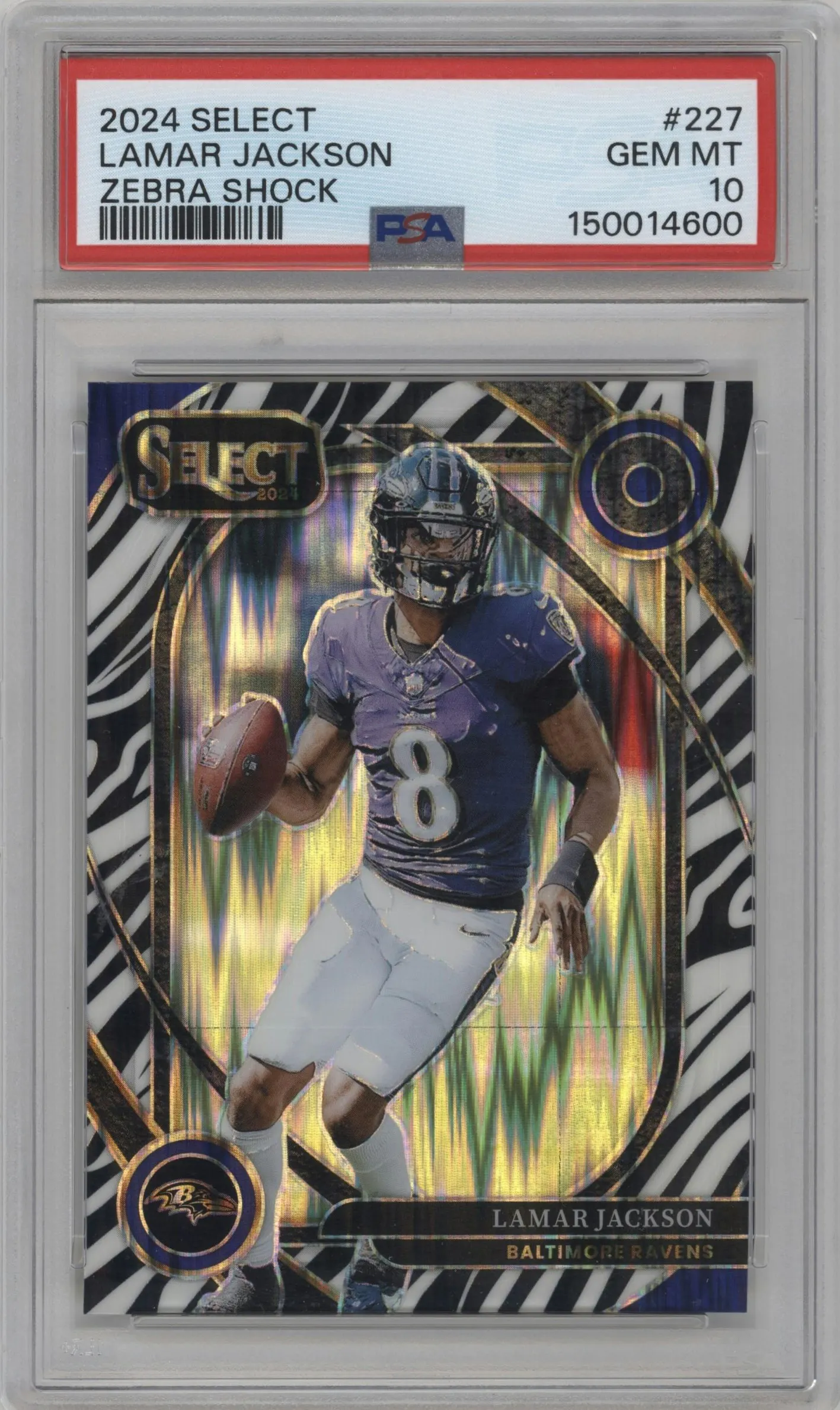 2024 Panini Select Club Lvl. Lamar Jackson Zebra Shock #227 PSA 10