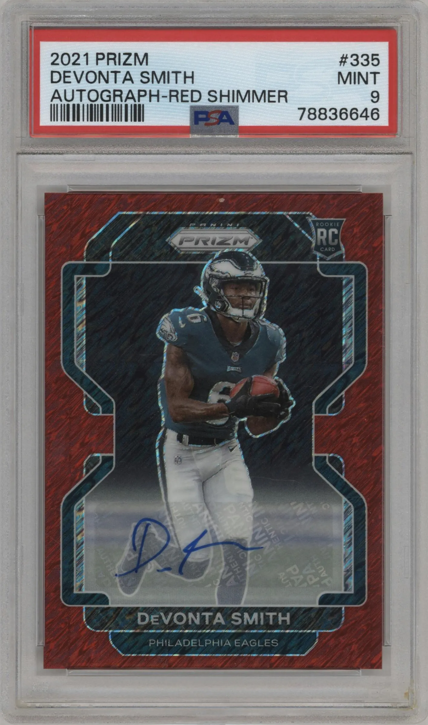 2021 Panini Prizm Rke.Auto DeVonta Smith Red Shimmer #335 PSA 9