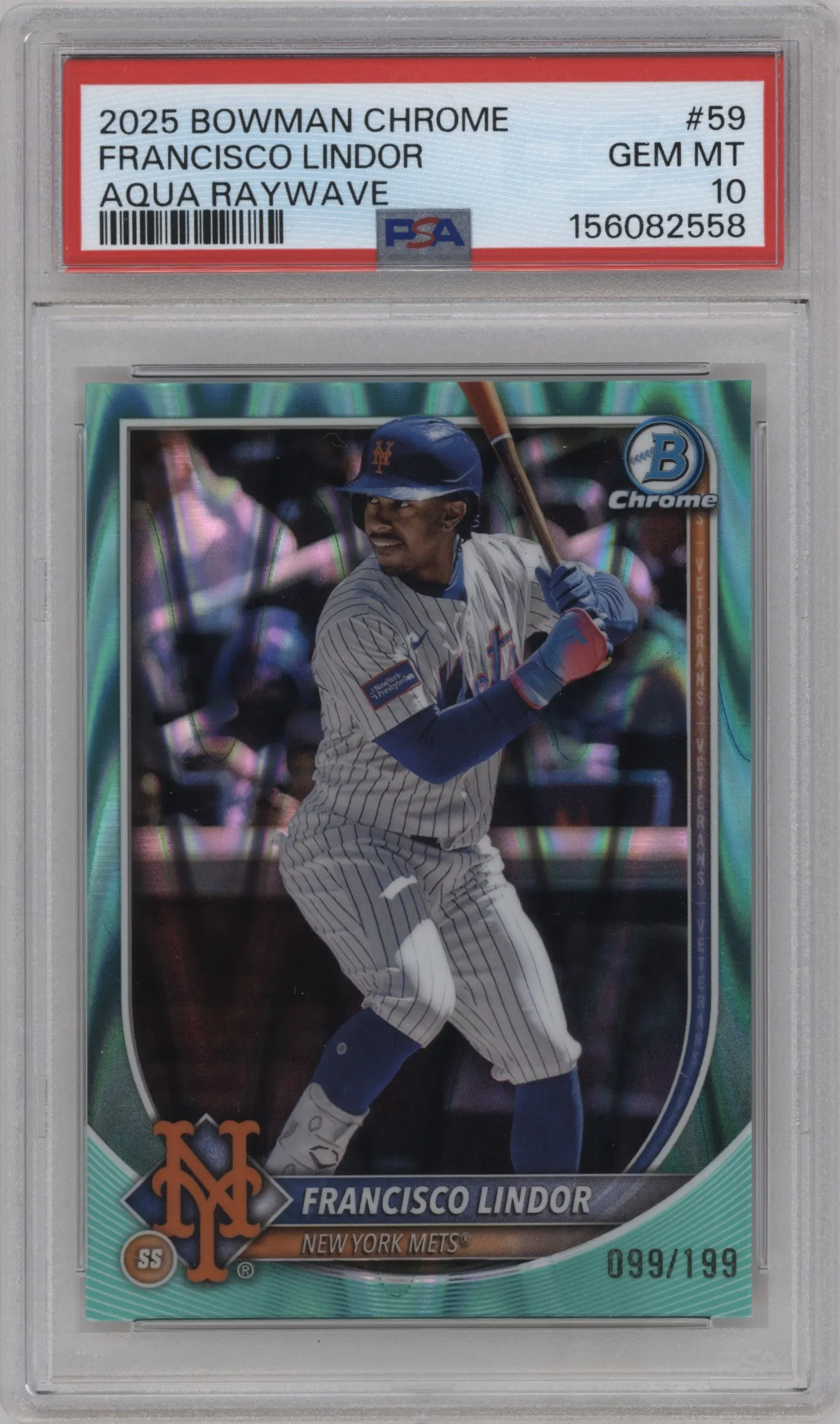 2025 Bowman Chrome Francisco Lindor Aqua Raywave #59 PSA 10