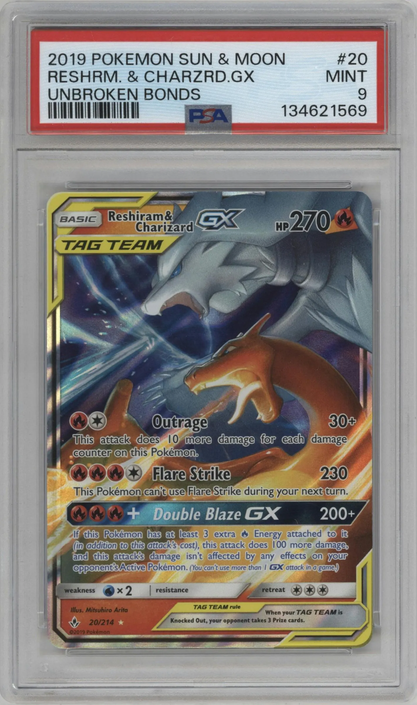 2019 Pokemon S&M Unbroken Bonds Reshiram/Charizard GX #20 PSA 9