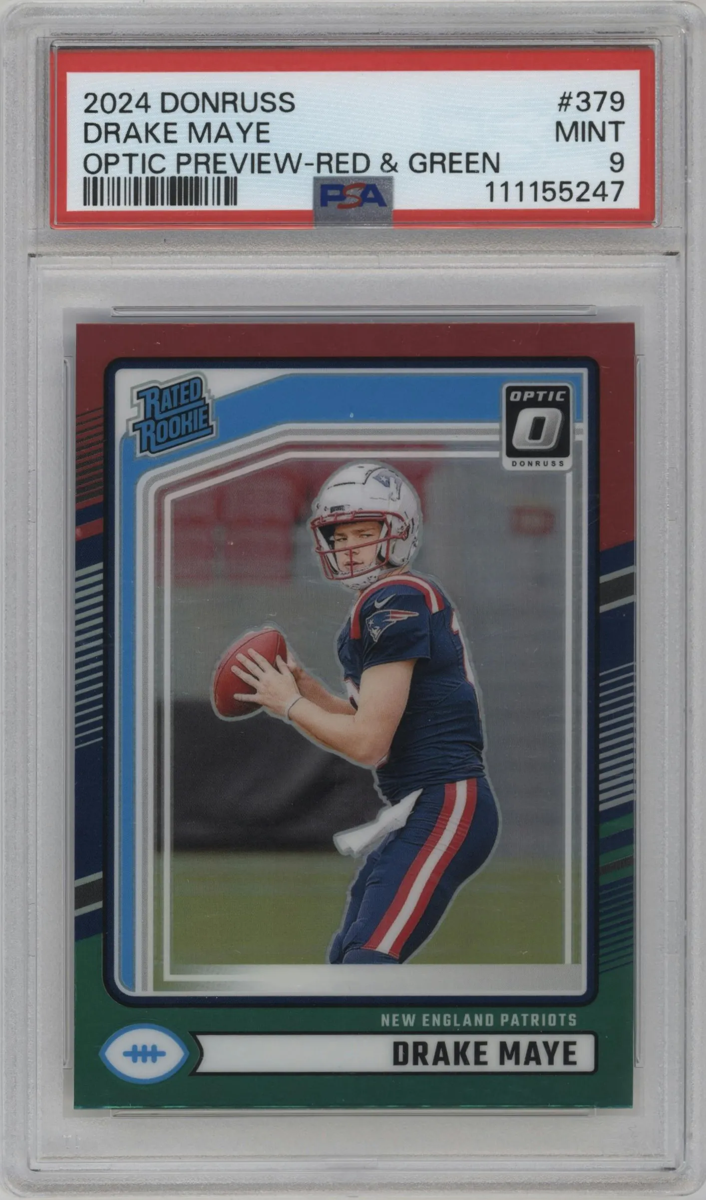 2024 Donruss Opt.Rtd.Rke.Prev. Drake Maye Red and Green #379 PSA 9