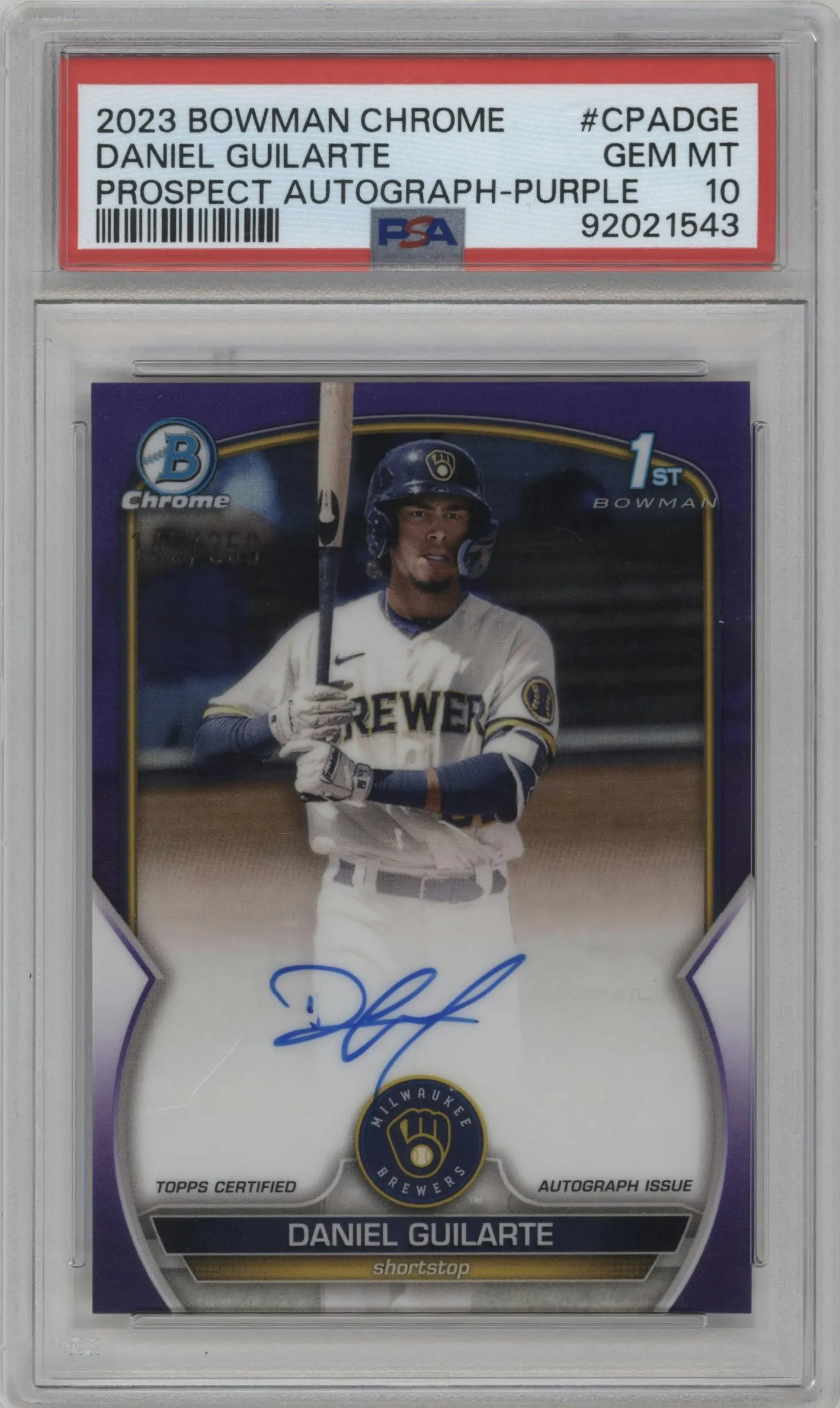 2023 Bowman Chrome Chr.Pros.Auto Daniel Guilarte Purple Refractor #CPA-DGE PSA 10