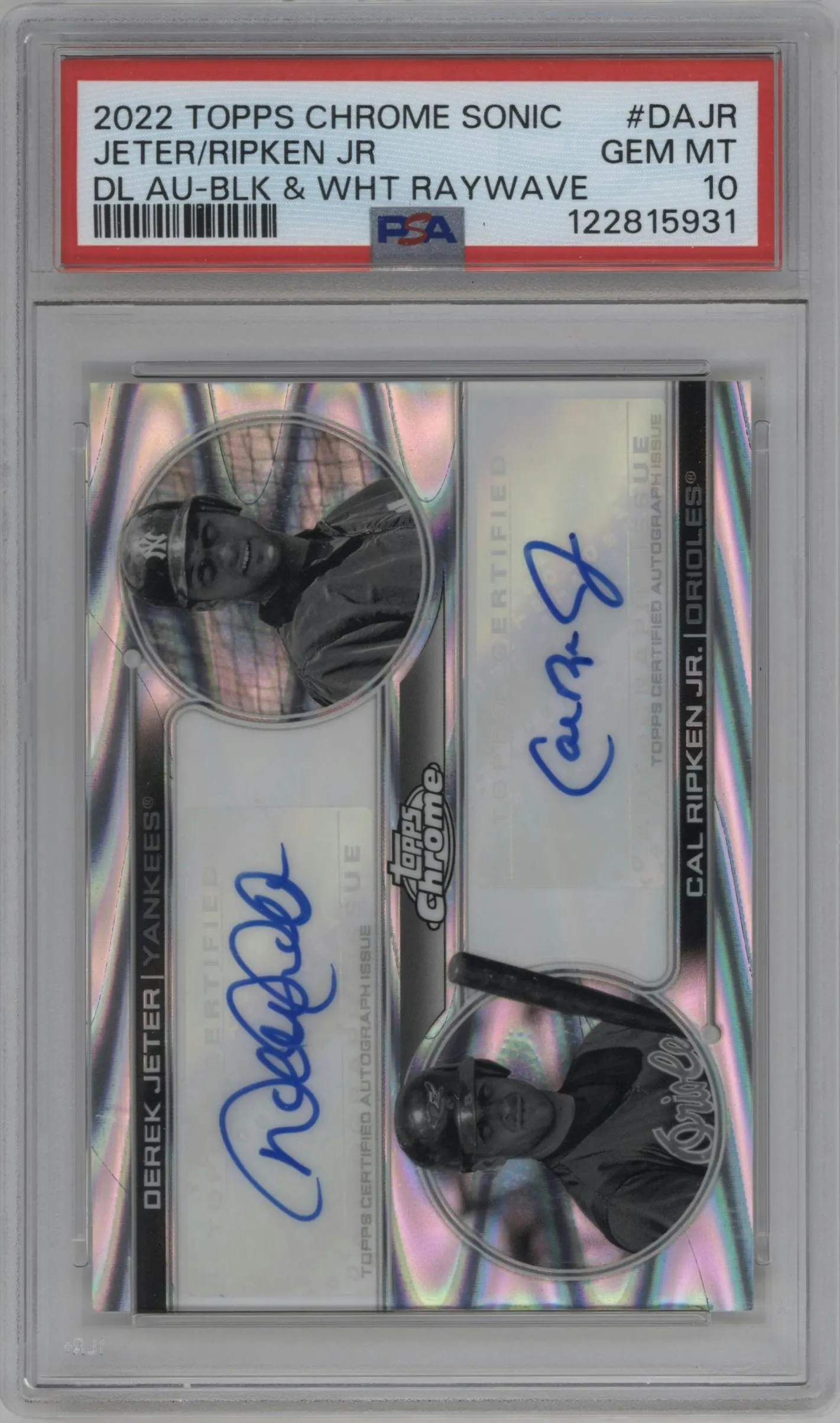 2022 Topps Chrome Sonic Dual Autographs Derek Jeter/Cal Ripken Jr. Black/White RayWave #DA-JR PSA 10