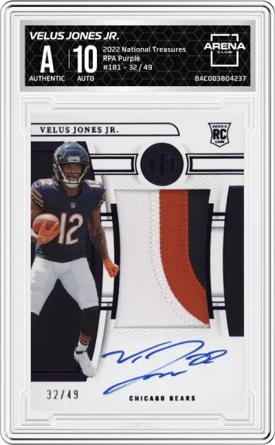 2022 Panini National Treasures RPA Velus Jones Jr. Purple ARENA CLUB AUTHENTIC #181 ARENA CLUB
