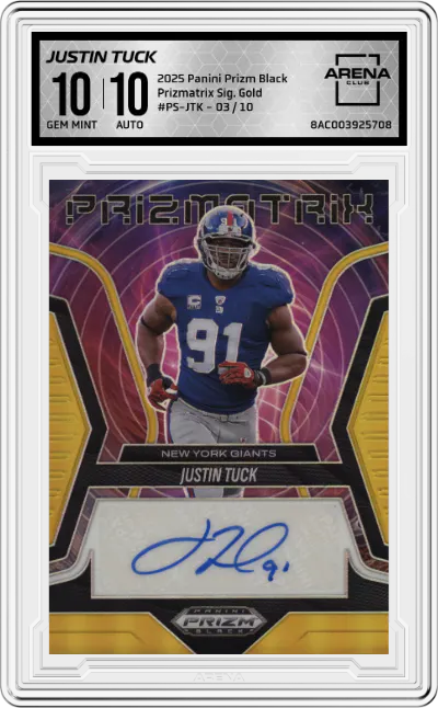 2025 Panini Prizm Black Prizmatrix Sig. Justin Tuck Gold #PS-JTK ARENA CLUB 10
