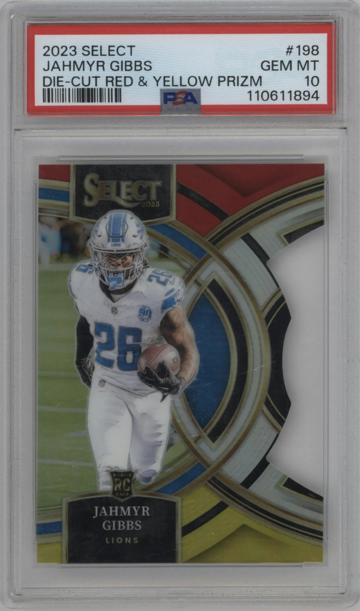 2023 Panini Select Pre.Lvl. Jahmyr Gibbs Die-Cut Red/Yellow PSA 10