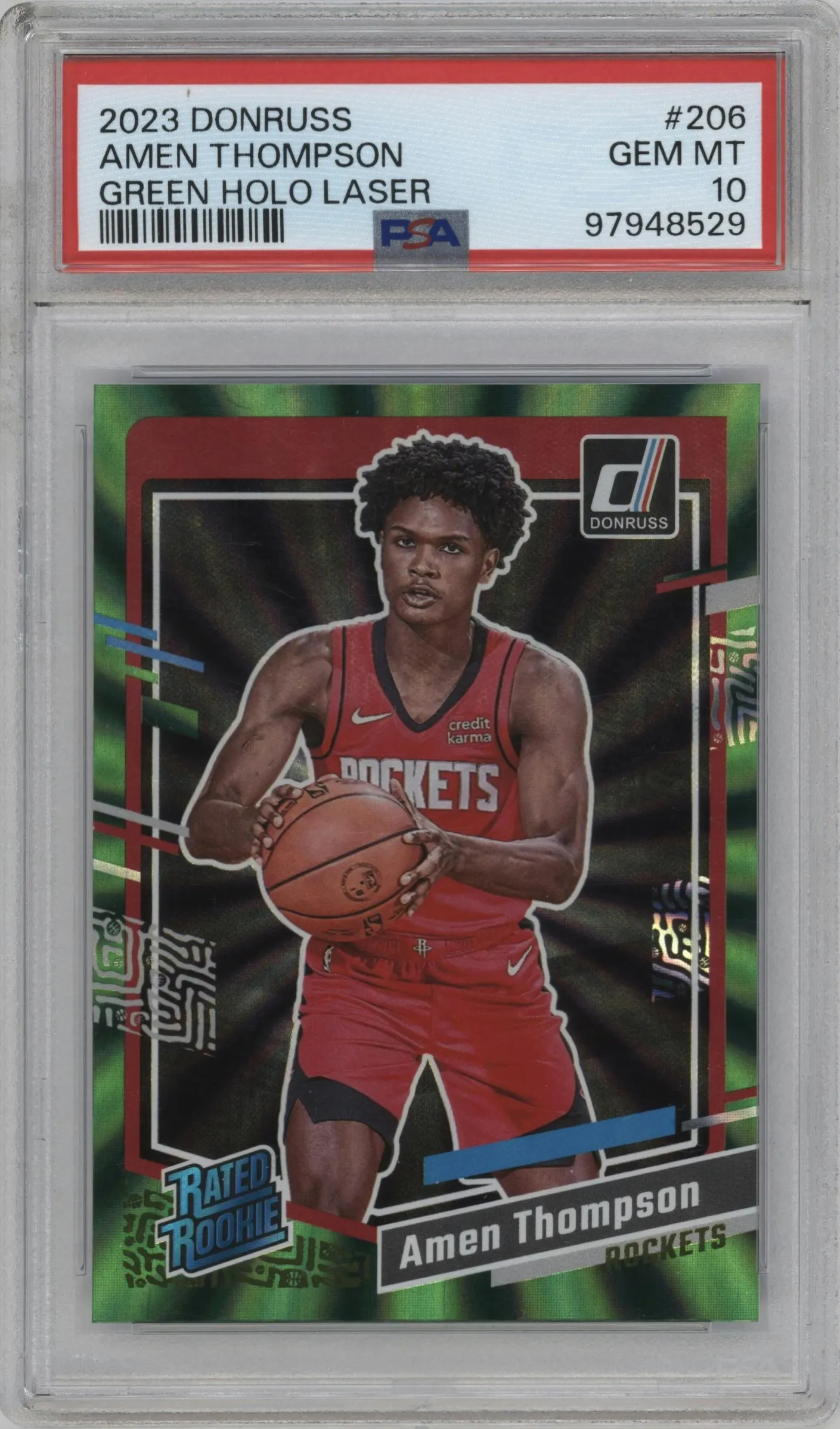 2023 Panini Donruss Rated Rookie Amen Thompson Green Holo Laser #206 PSA 10