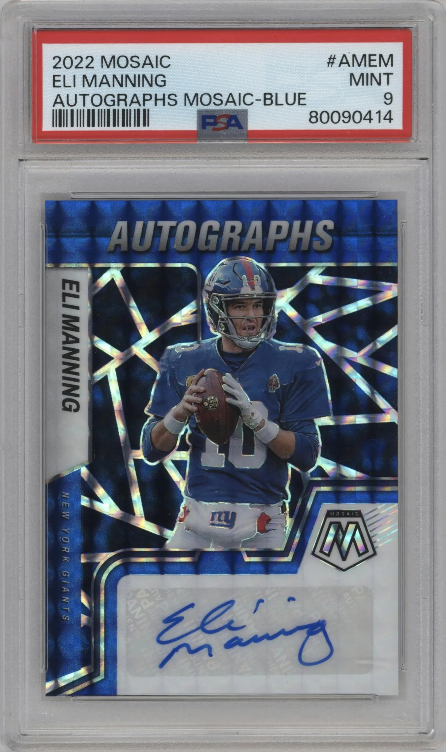 2022 Panini Mosaic Auto Eli Manning Blue Mosaic #AM-EM PSA 9