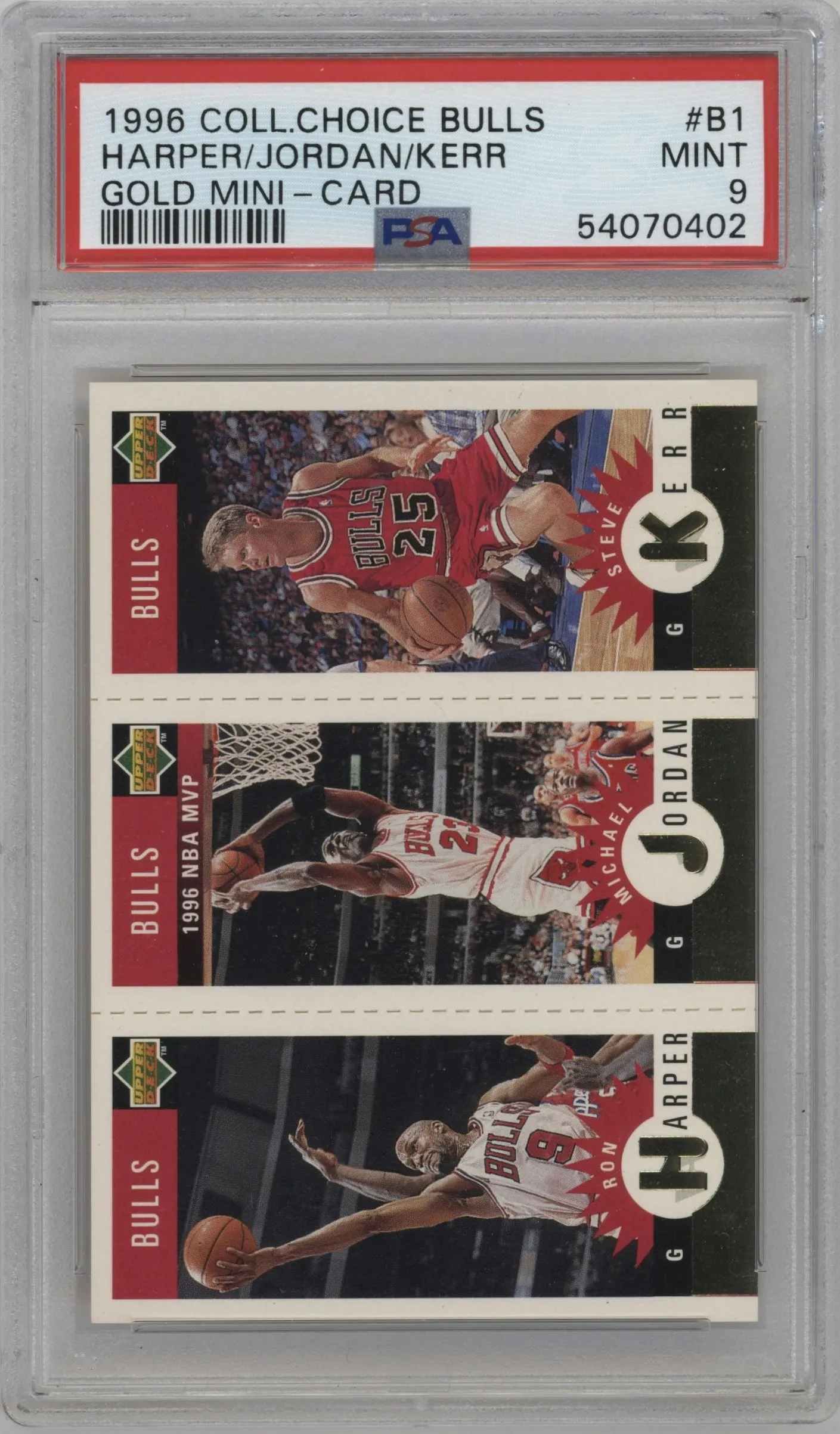 1996 Upper Deck Collector's Choice Mini Ron Harper/Michael Jordan/Steve Kerr Gold #B1 PSA 9