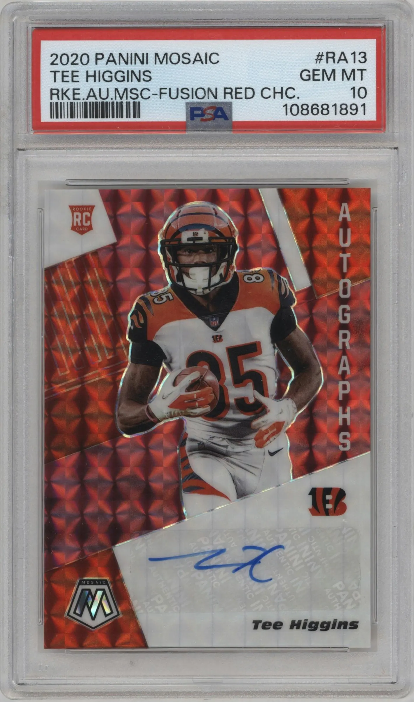 2020 Panini Mosaic Rke.Auto Tee Higgins Choice Fusion Red PSA 10