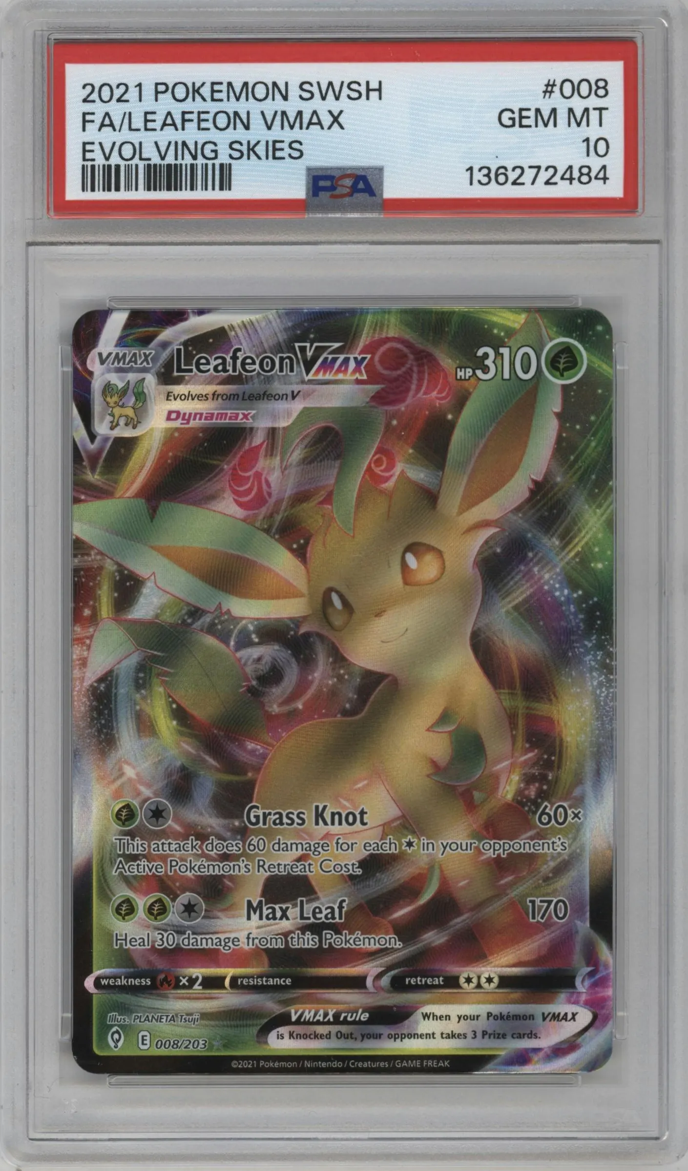 2021 Pokemon SWSH Evolving Skies Leafeon VMAX #008 PSA 10