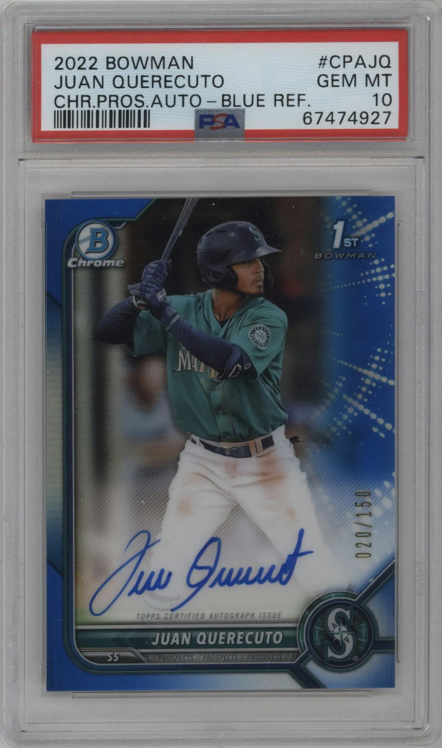 2022 Bowman Chr.Pros.Auto Juan Querecuto Blue Refractor PSA 10