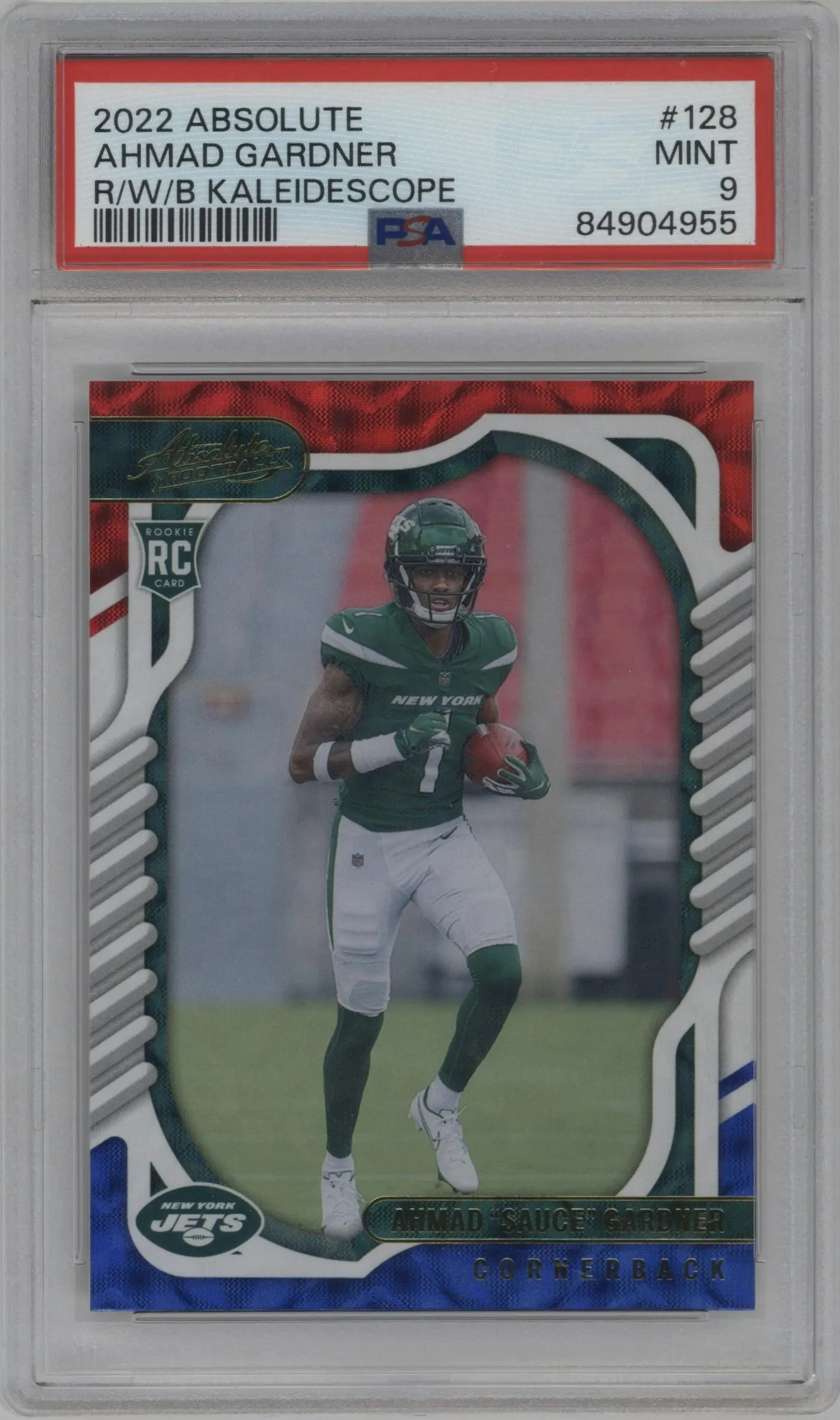 2022 Panini Absolute Ahmad "Sauce" Gardner Red White & Blue Kaleidoscope #128 PSA 9