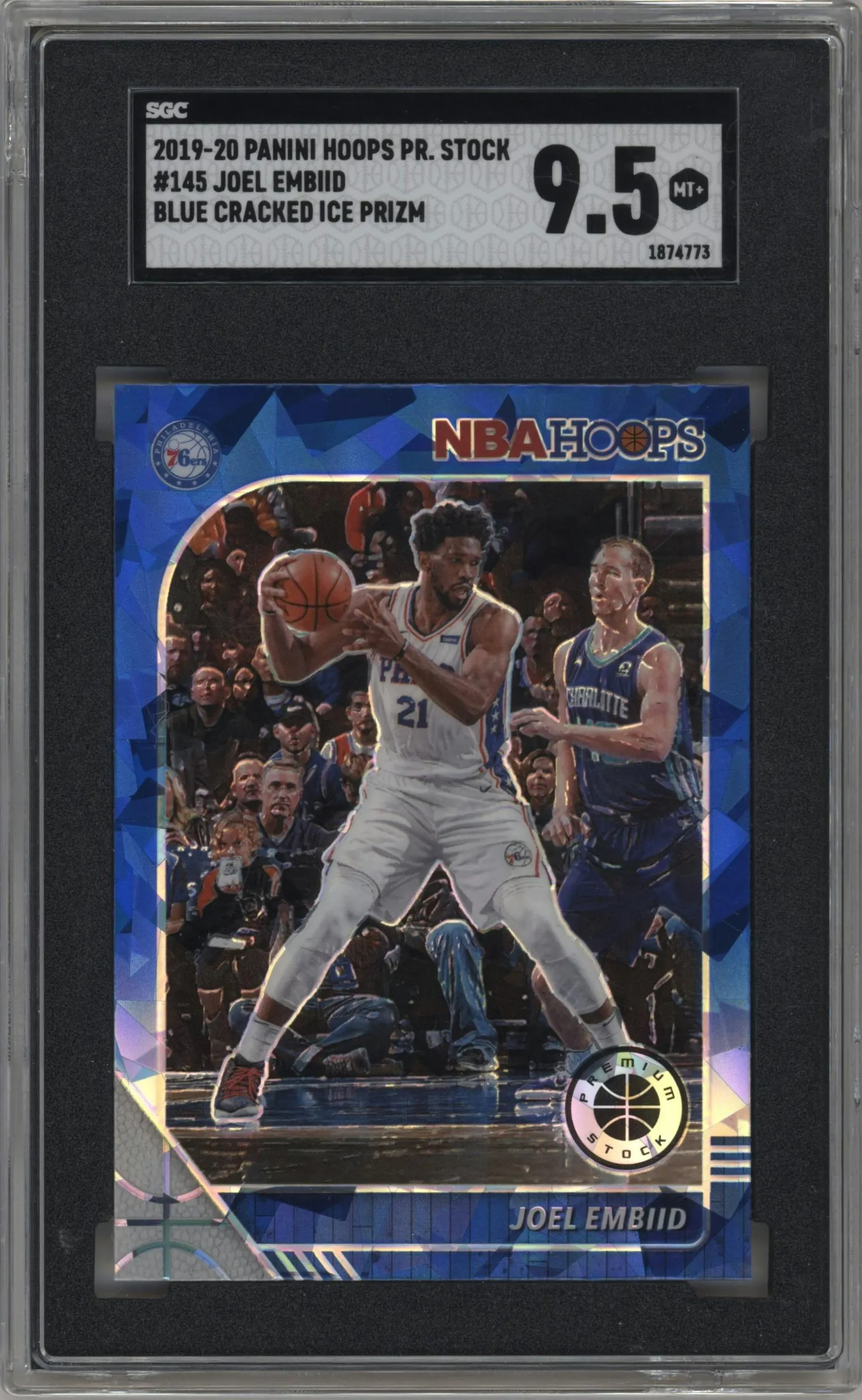 2019 Panini Hoops Premium Stock Joel Embiid Blue Cracked Ice #145 SGC 9.5