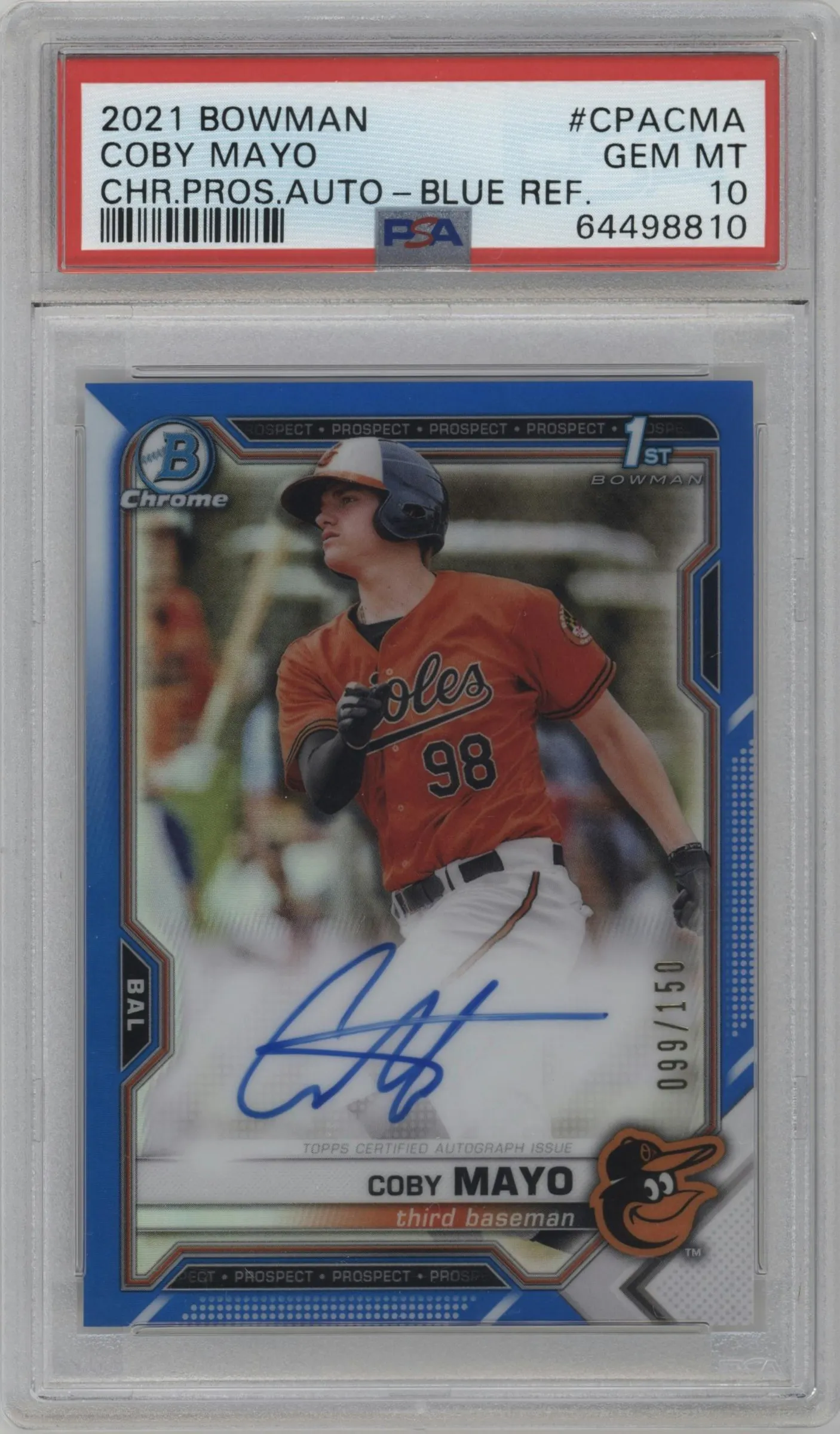 2021 Bowman Chr.Pros.Auto Coby Mayo Blue Refractor #CPA-CMA PSA 10