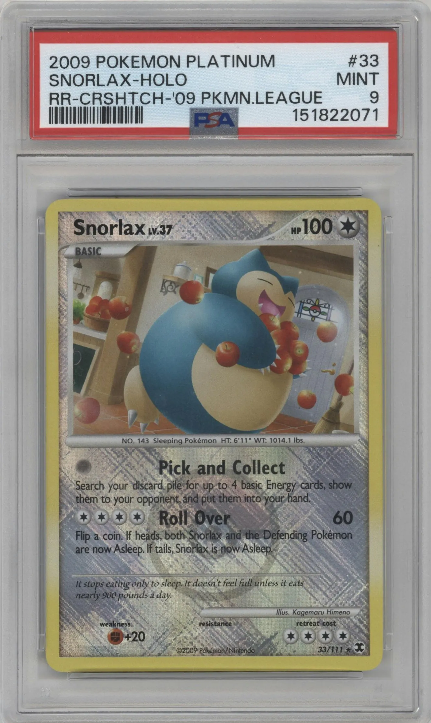 2009 Pokemon Platinum Rising Rivals Snorlax Crosshatch Holo Pokémon League Rival Season #33 PSA 9