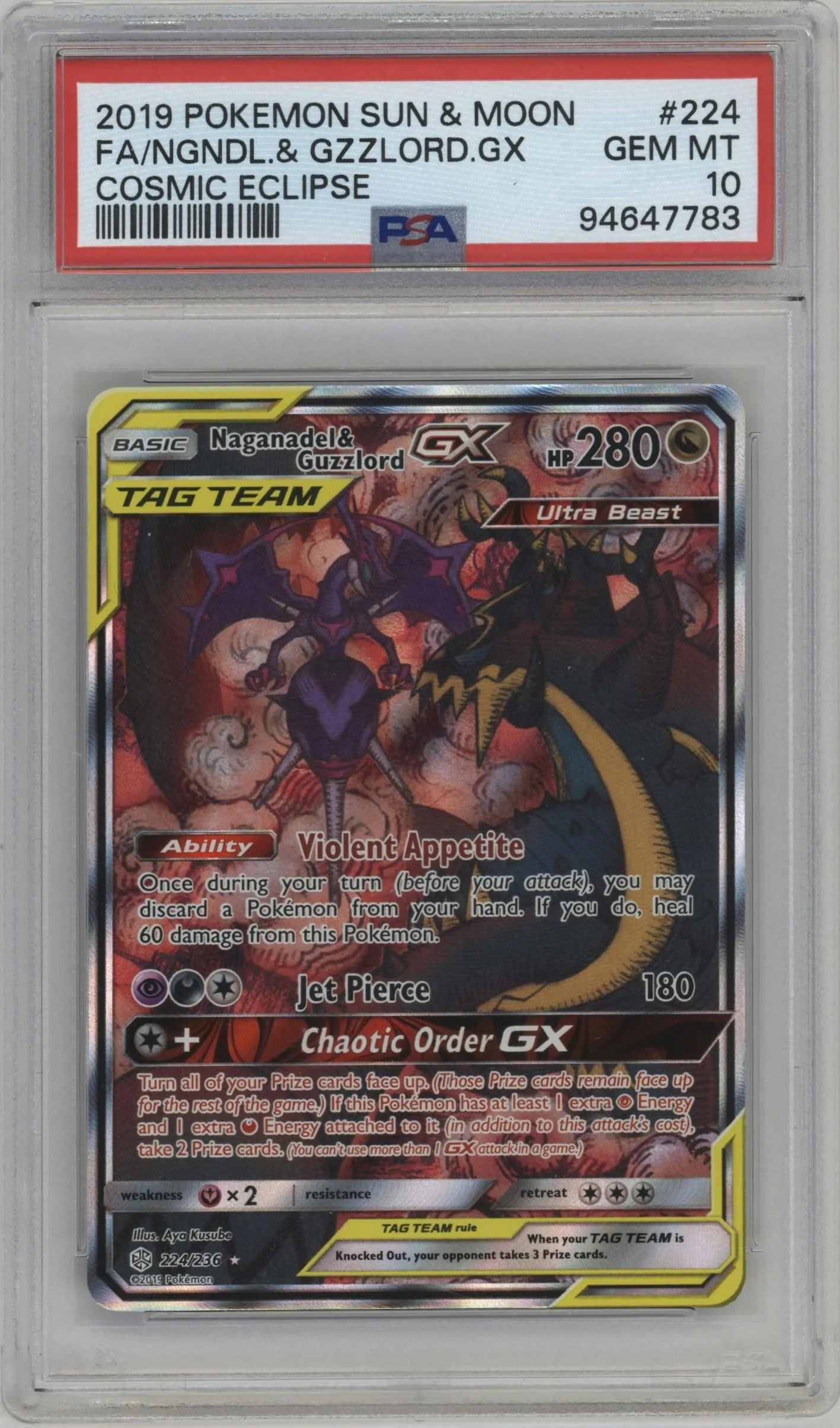 2019 Pokemon S&M Cosmic Eclipse Naganadel & Guzzlord GX #224 PSA 10