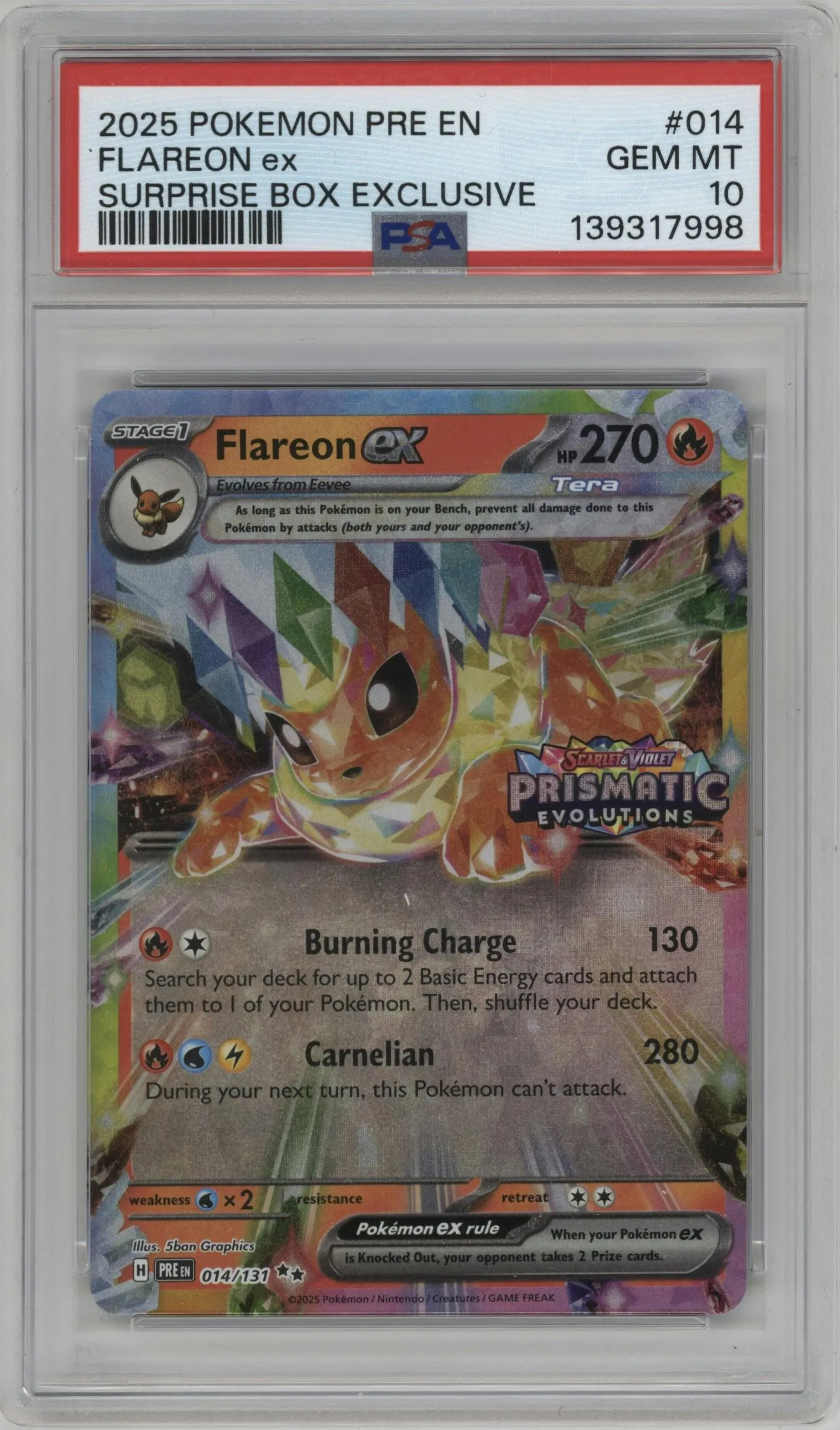 2025 Pokemon SV Prismatic Evolutions Flareon ex Prismatic Evolutions Surprise Box #014 PSA 10