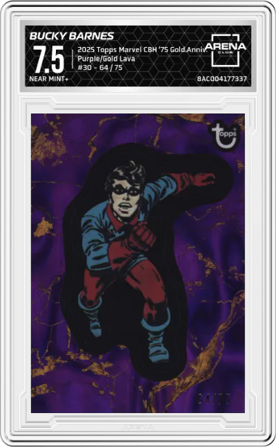 2025 Topps Marvel Comic Book Heroes 1975 Golden Anniversary Bucky Barnes Purple & Gold Lava #30 ARENA CLUB 7.5