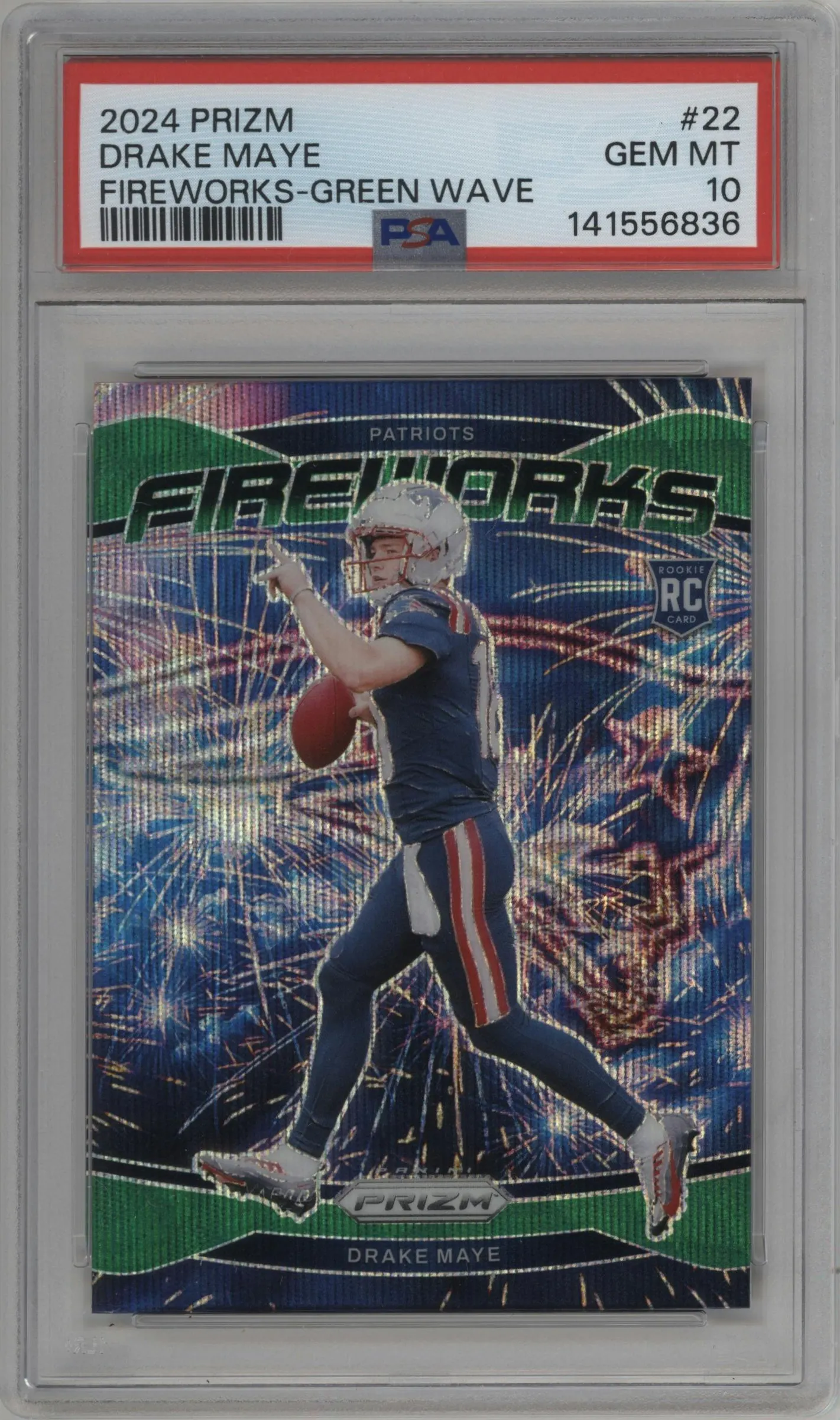 2024 Panini Prizm Fireworks Drake Maye Green Wave #22 PSA 10