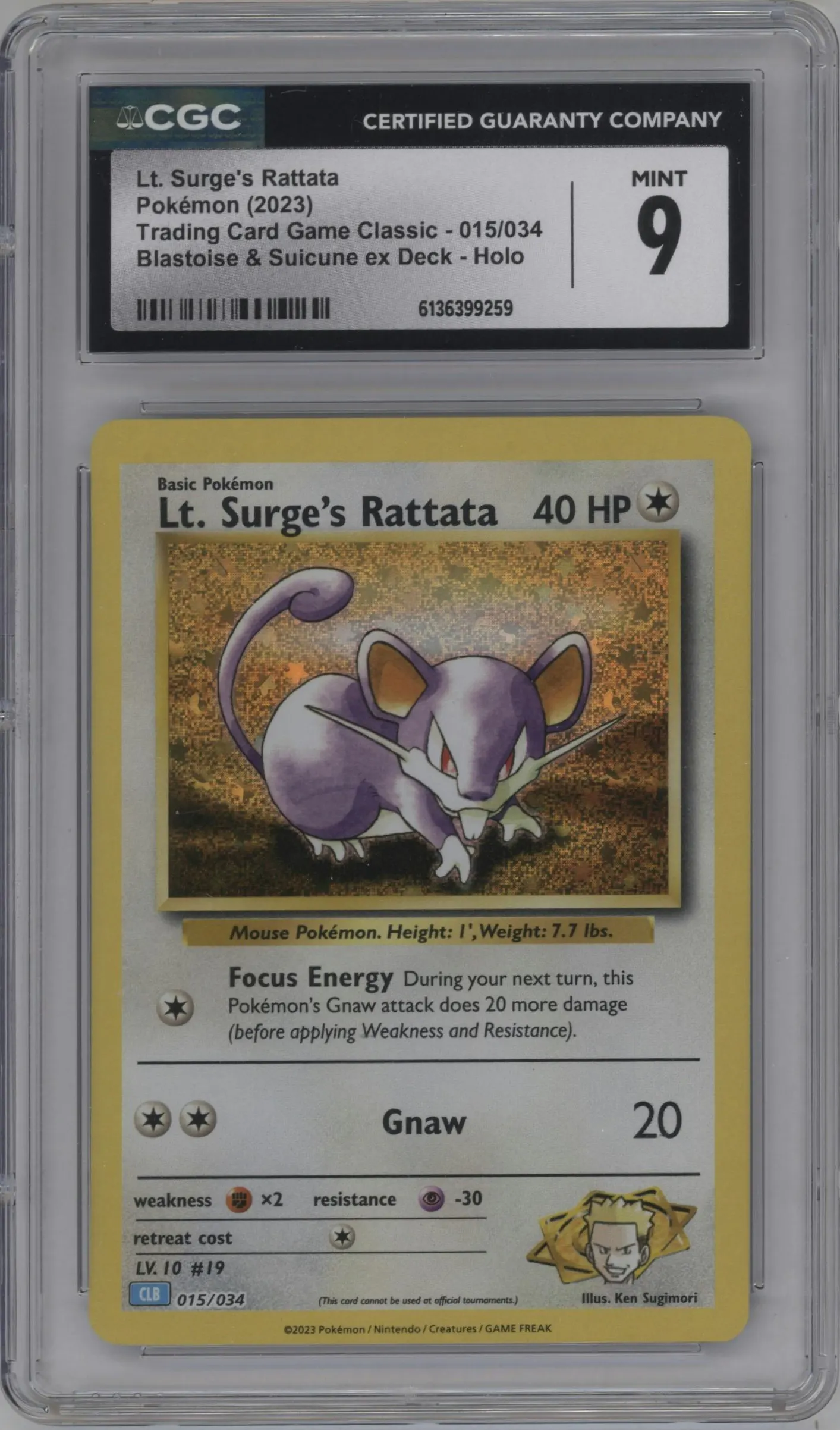 2023 Pokemon CLB Lt. Surge's Rattata #015 CGC 9