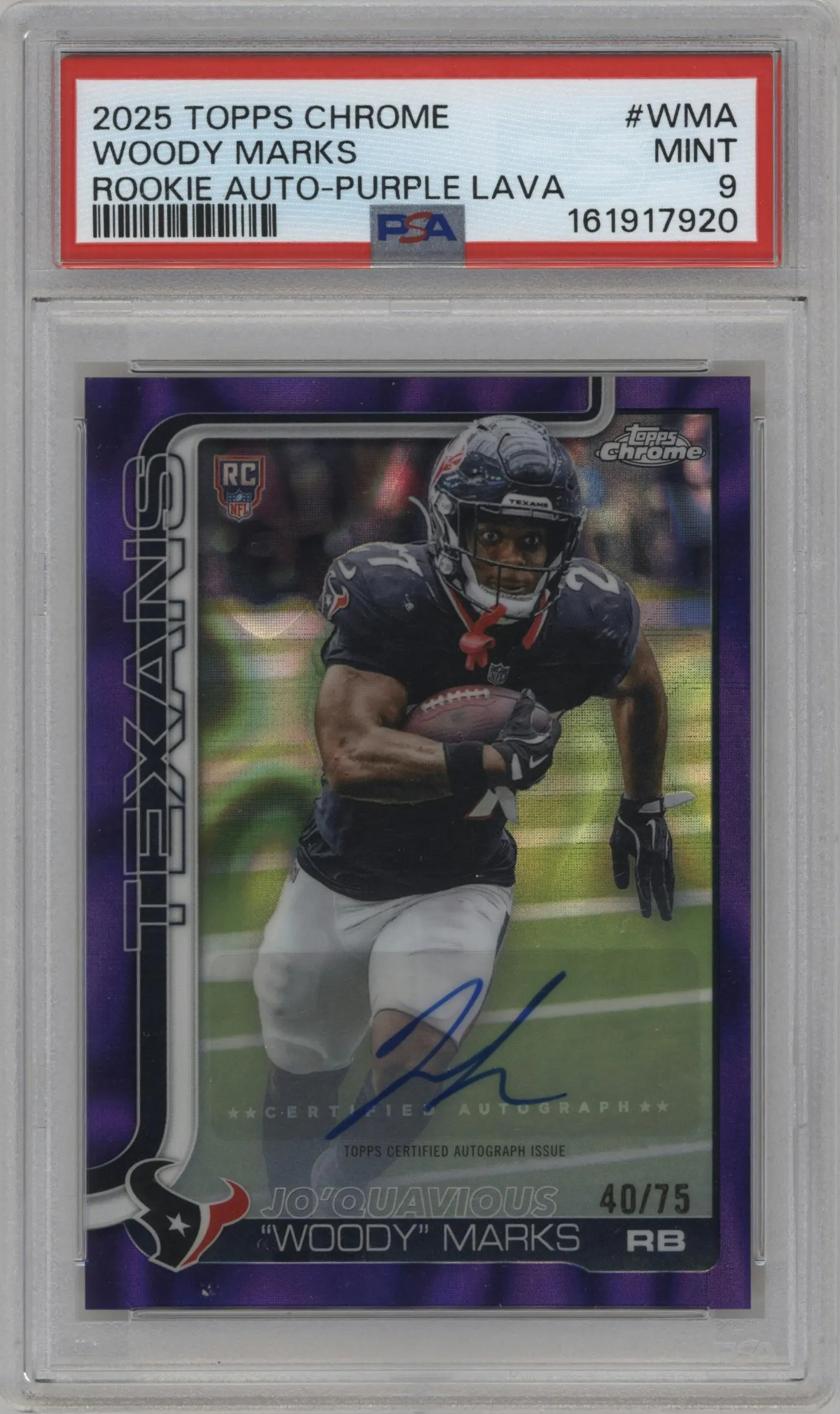 2025 Topps Chrome Chr.Rke.Au. Woody Marks Purple Lava #RA-WMA PSA 9