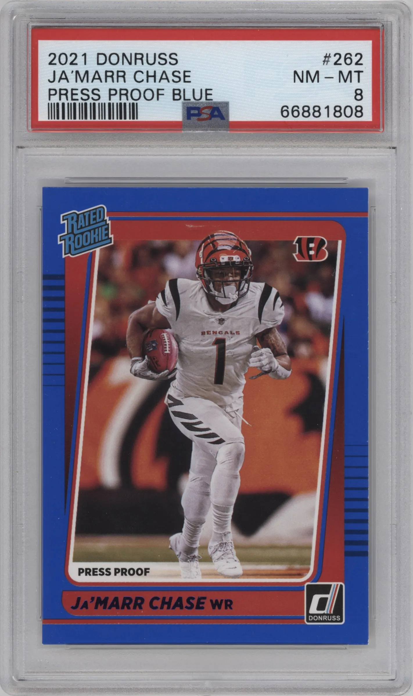 2021 Panini Donruss Rated Rookie Ja'Marr Chase Press Proof Blue #262 PSA 8
