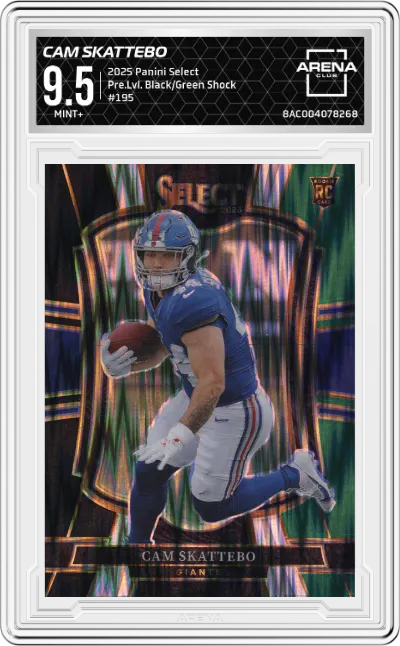2025 Panini Select Pre.Lvl. Cam Skattebo Black and Green Shock #195 ARENA CLUB 9.5