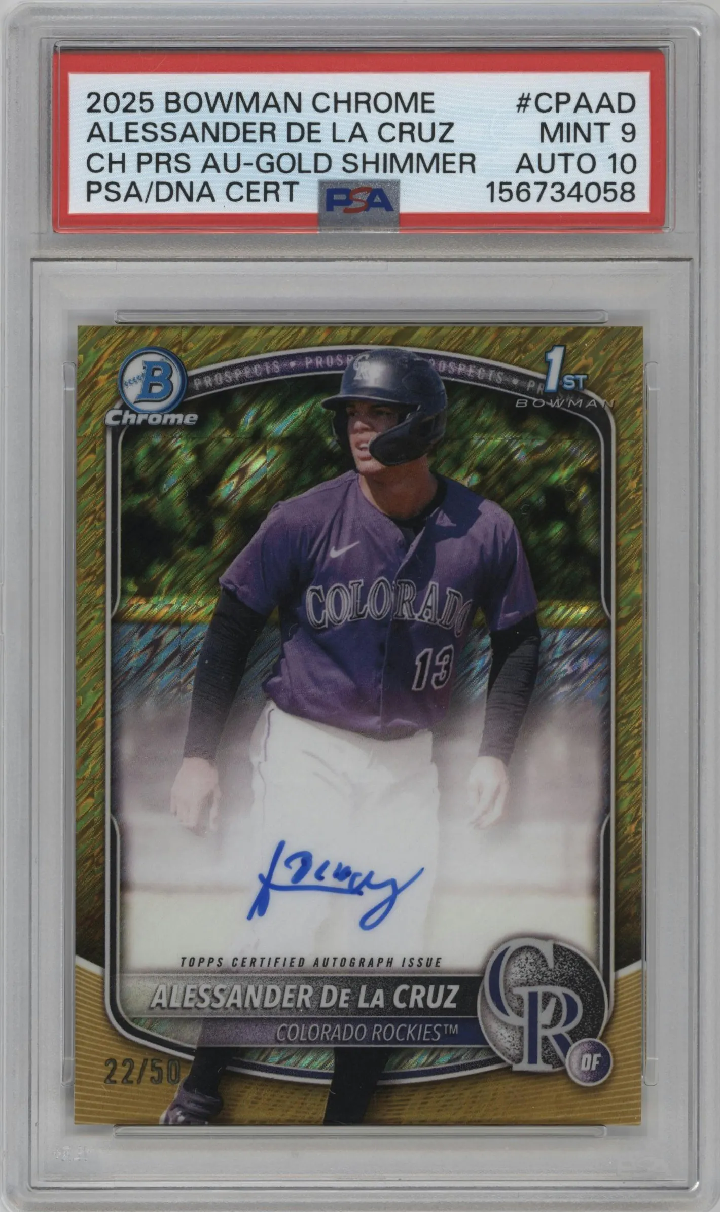 2025 Bowman Chrome Chr.Pros.Auto Alessander De La Cruz Gold Shimmer #CPA-AD PSA 9
