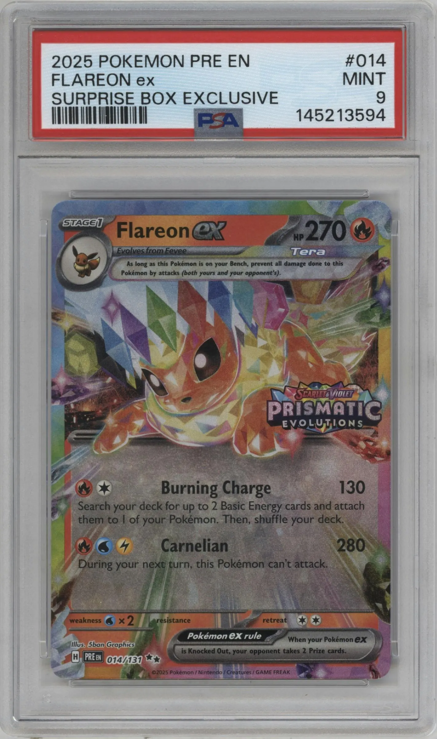 2025 Pokemon SV Prismatic Evolutions Flareon ex Prismatic Evolutions Surprise Box #014 PSA 9