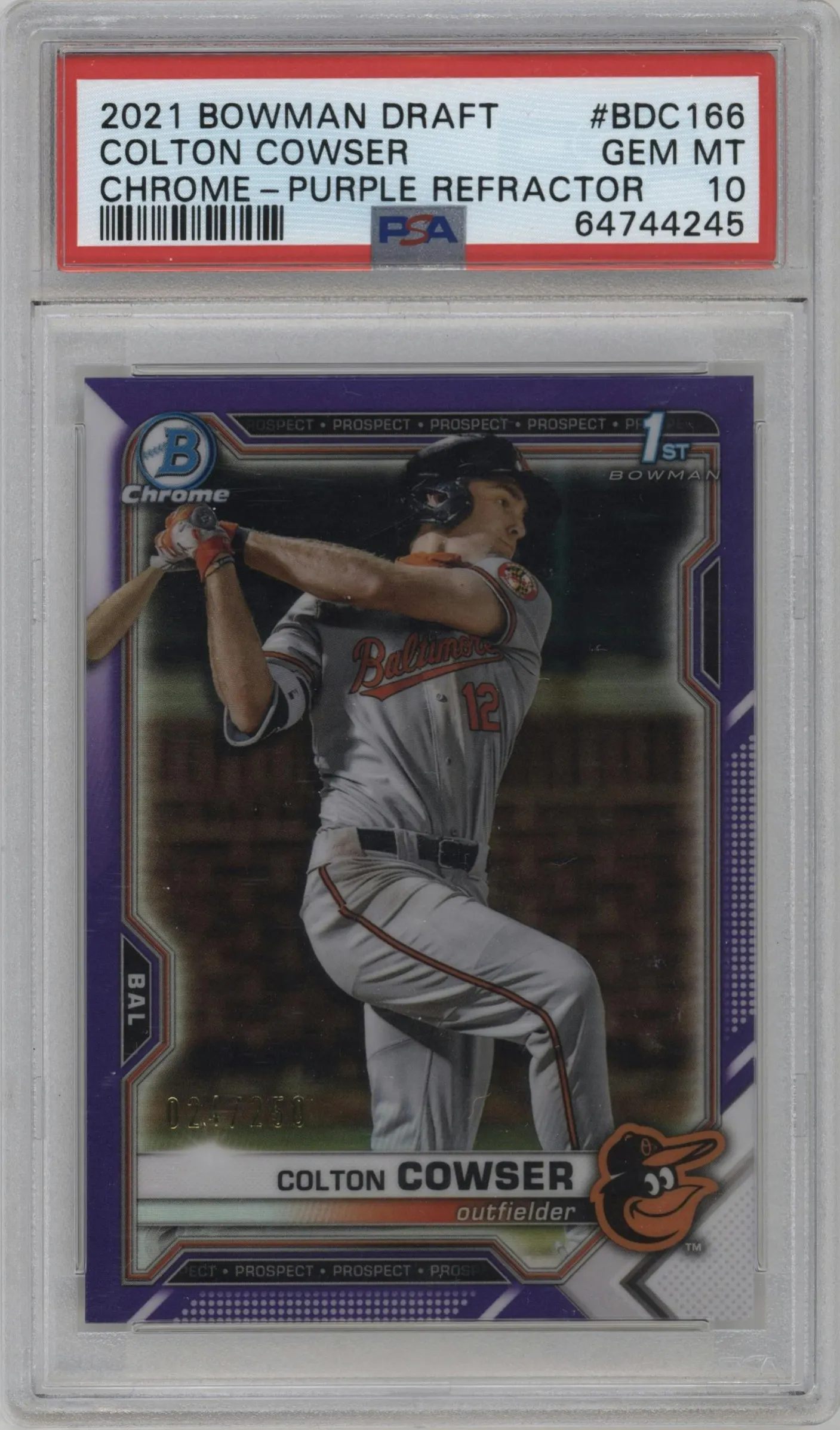 2021 Bowman Draft Chrome Colton Cowser Purple Refractor #BDC-166 PSA 10