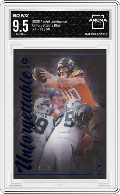 2025 Panini Luminance Unforgettable Bo Nix Blue #2 ARENA CLUB 9.5