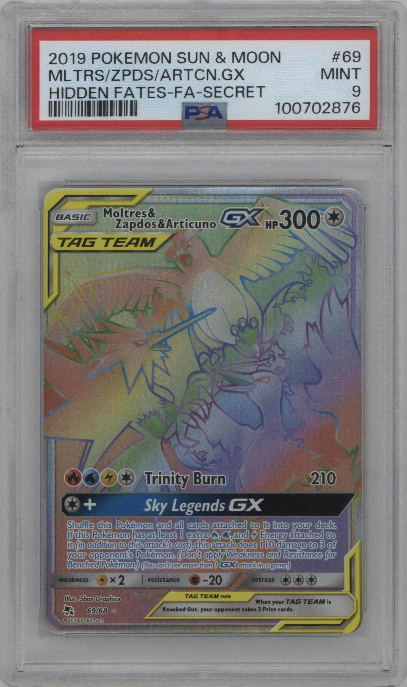 2019 Pokemon S&M Hidden Fates Moltres/Zapdos/Articuno GX #69 PSA 9