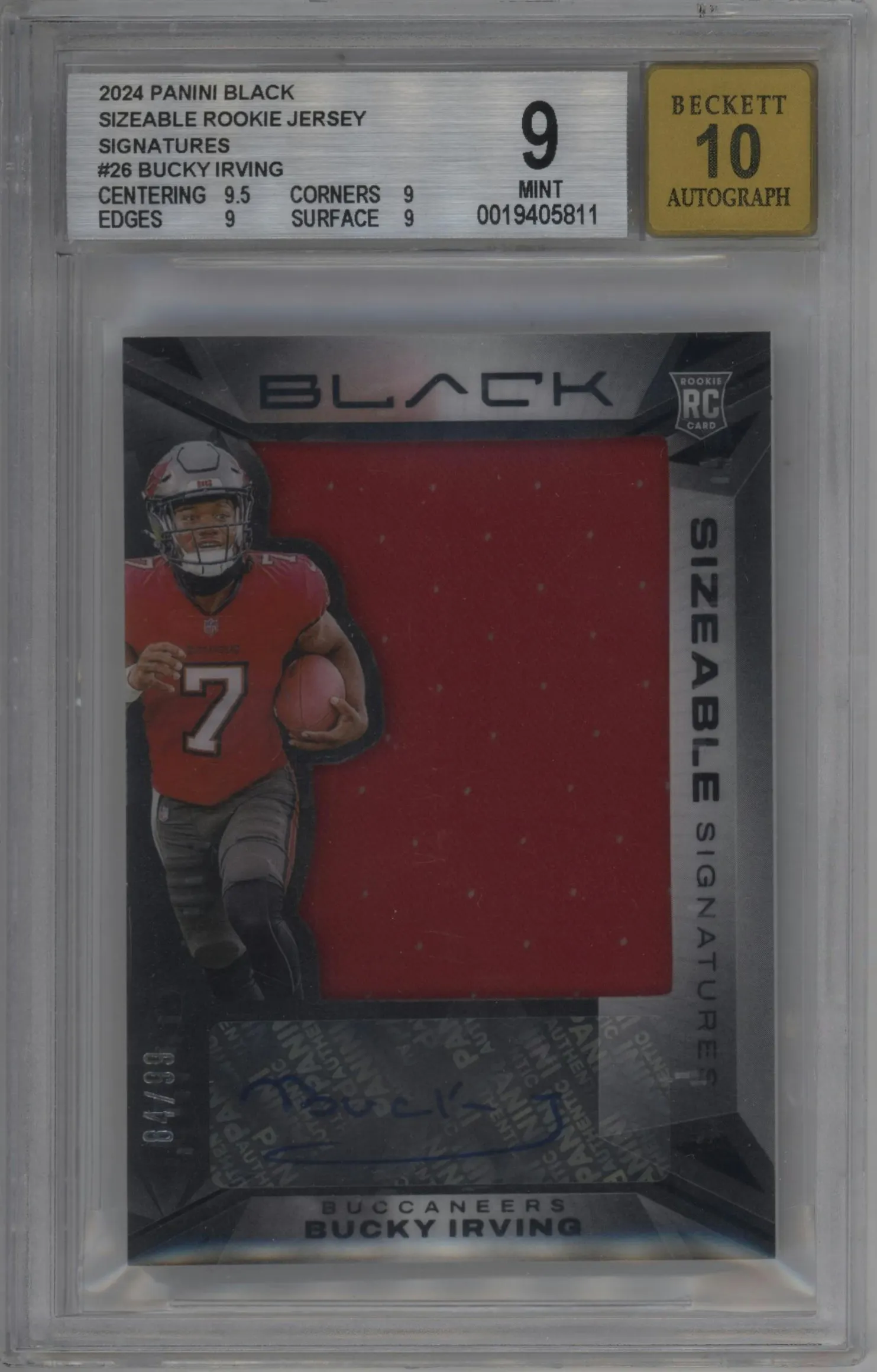 2024 Panini Black Sizeable Sig.Rke.Jrsy. Bucky Irving #SSR-BIG  BGS 9