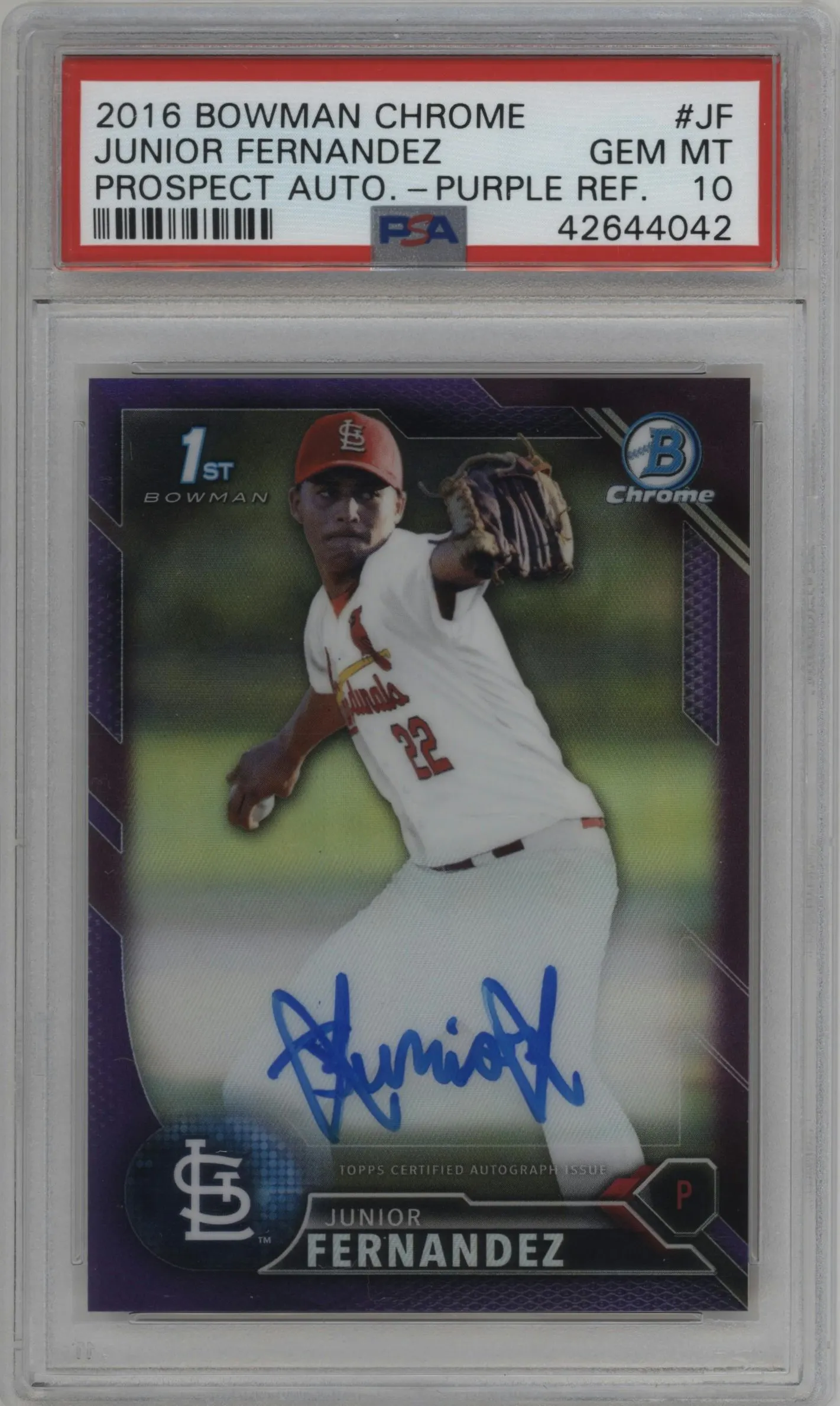 2016 Bowman Chrome Pros.Auto Junior Fernandez Purple Refractor #BCAP-JF PSA 10