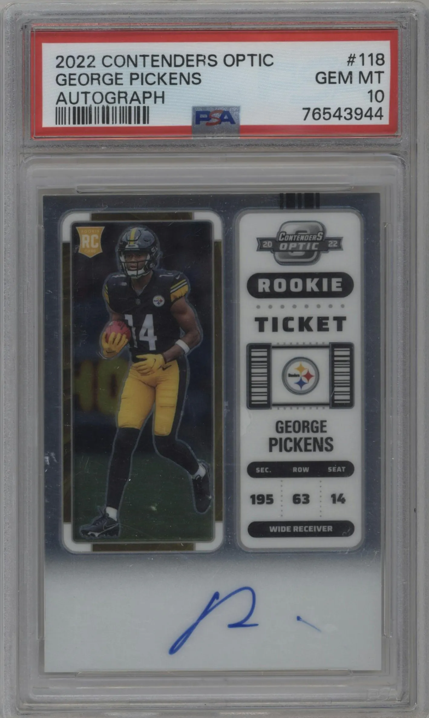 2022 Panini Contenders Optic Rke.Tkt.RPS Auto George Pickens #118 PSA 10