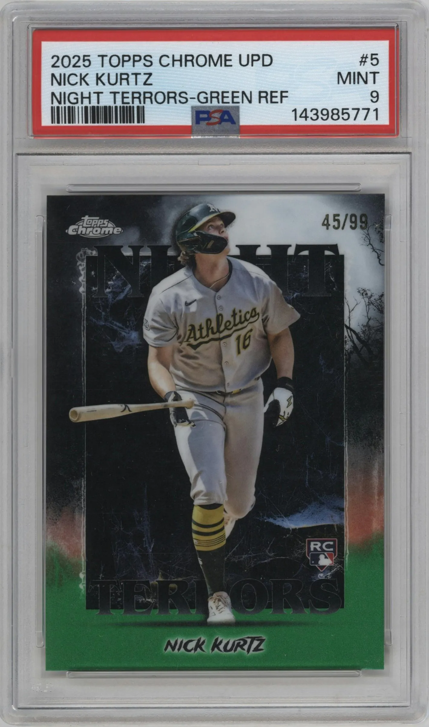 2025 Topps Chrome Update Night Terrors Nick Kurtz Green Refractor #NT-5 PSA 9