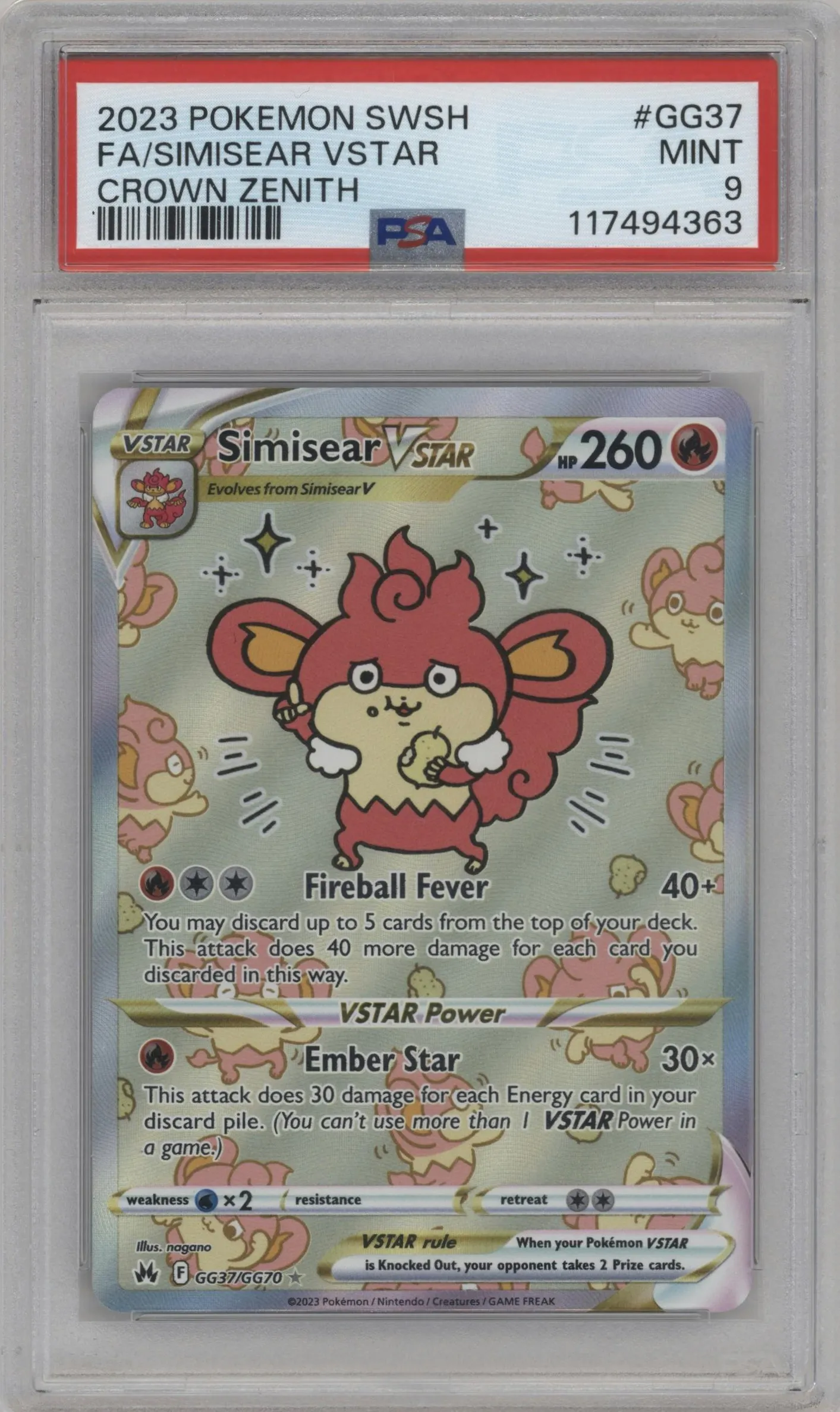 2023 Pokemon SWSH Crown Zenith GG Simisear VSTAR #GG37 PSA 9
