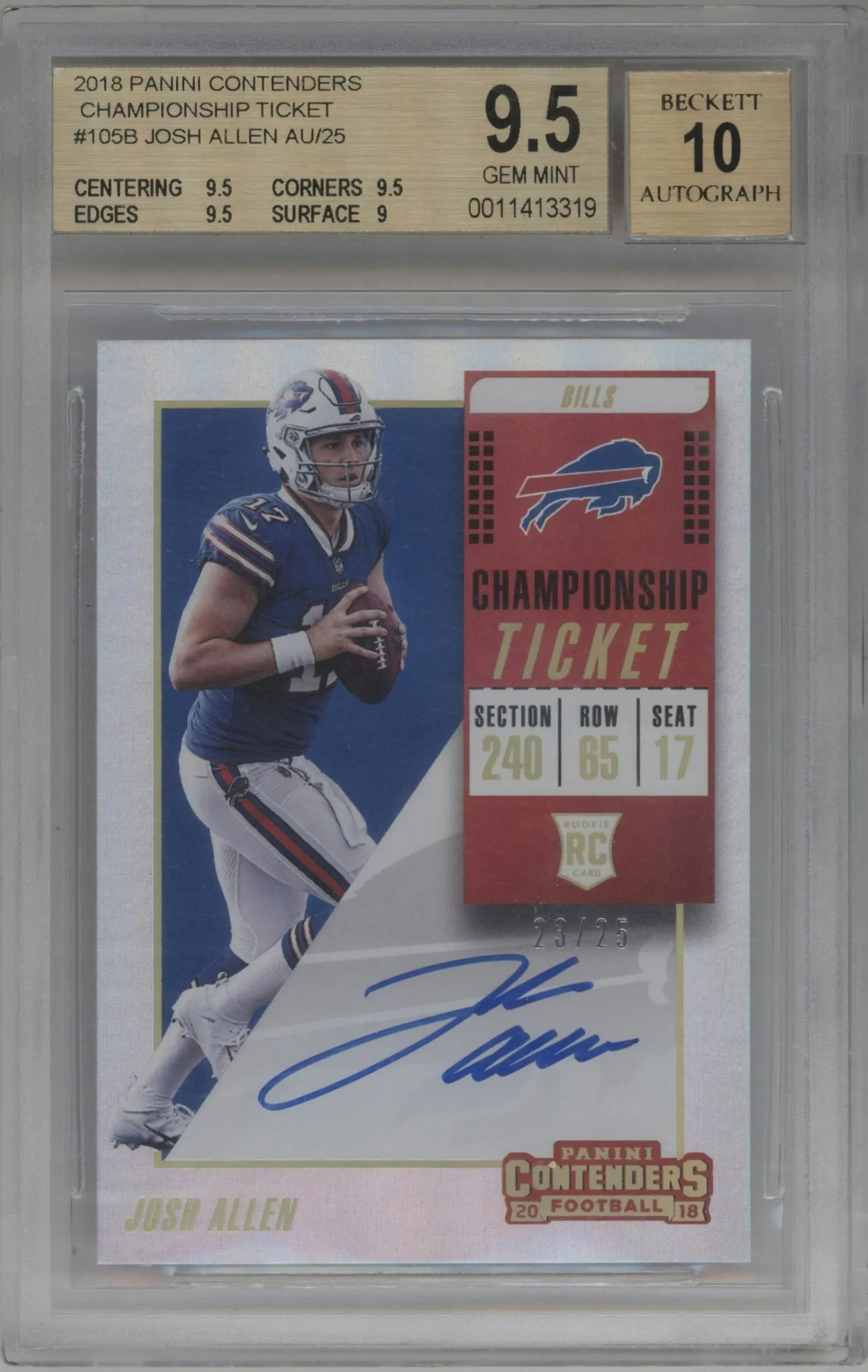 2018 Panini Contenders Rke.Tkt.RPS Var. Auto Josh Allen Championship #105 BGS 9.5