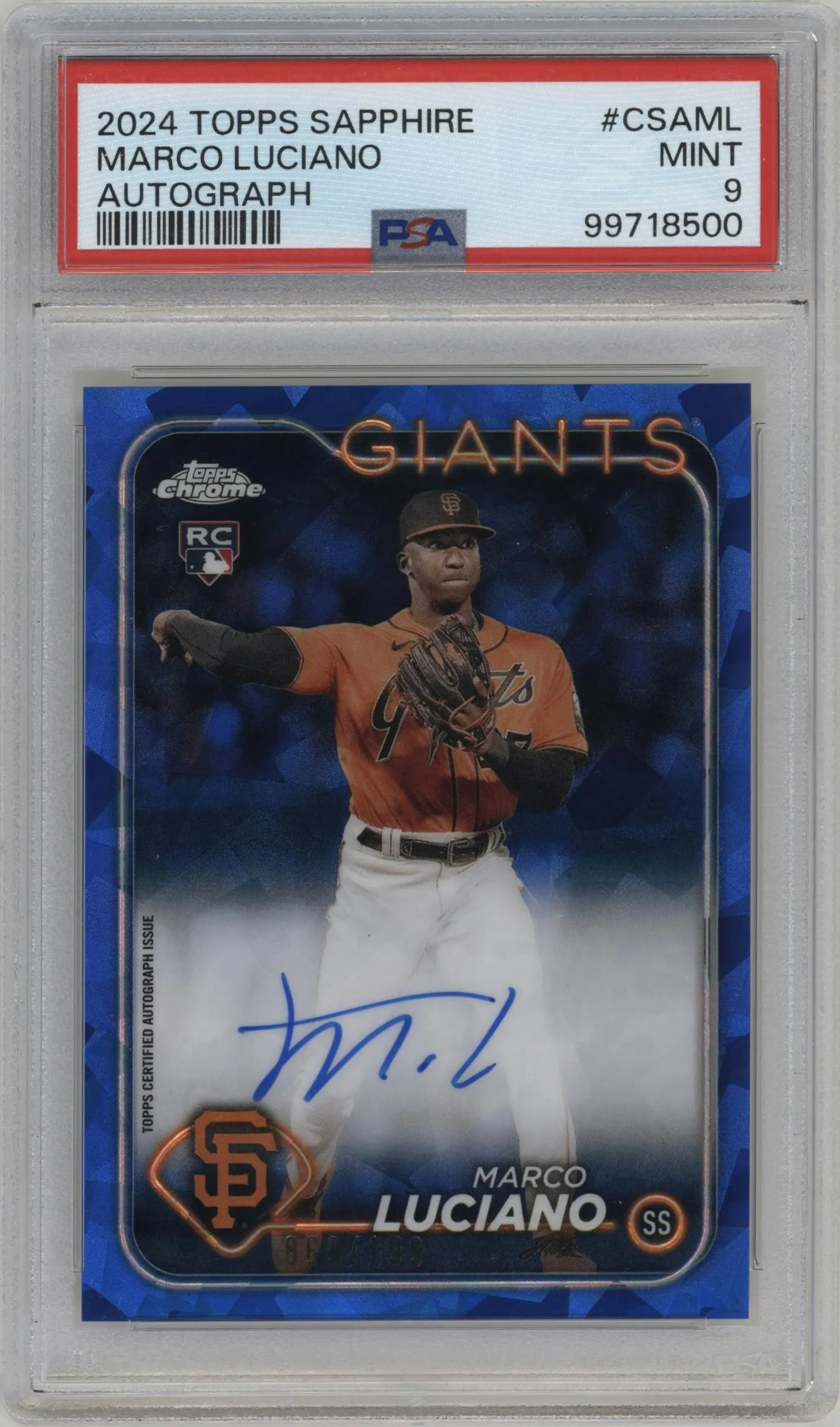 2024 Topps Chrome Sapphire Auto Marco Luciano #CSA-ML PSA 9