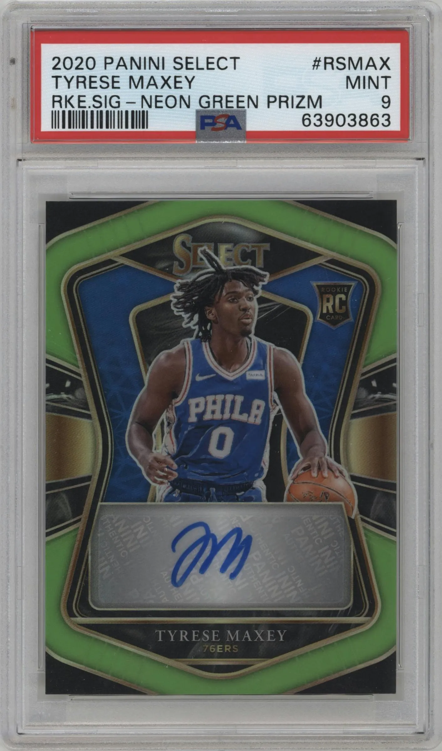 2020 Panini Select Rke.Sig. Tyrese Maxey Neon Green #RS-MAX PSA 9