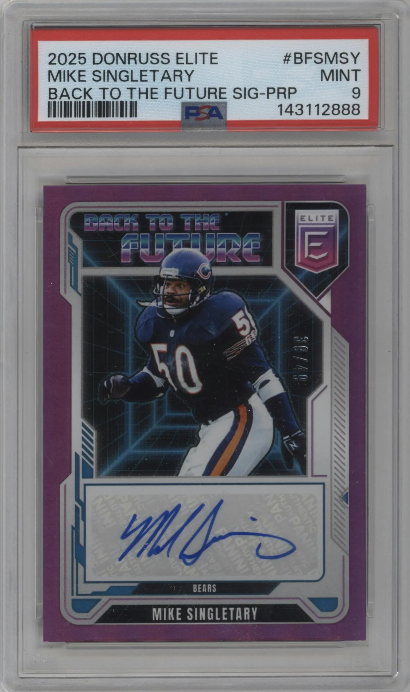 2025 Panini Donruss Elite Back to the Future Sig. Mike Singletary Purple #BFS-MSY PSA 9