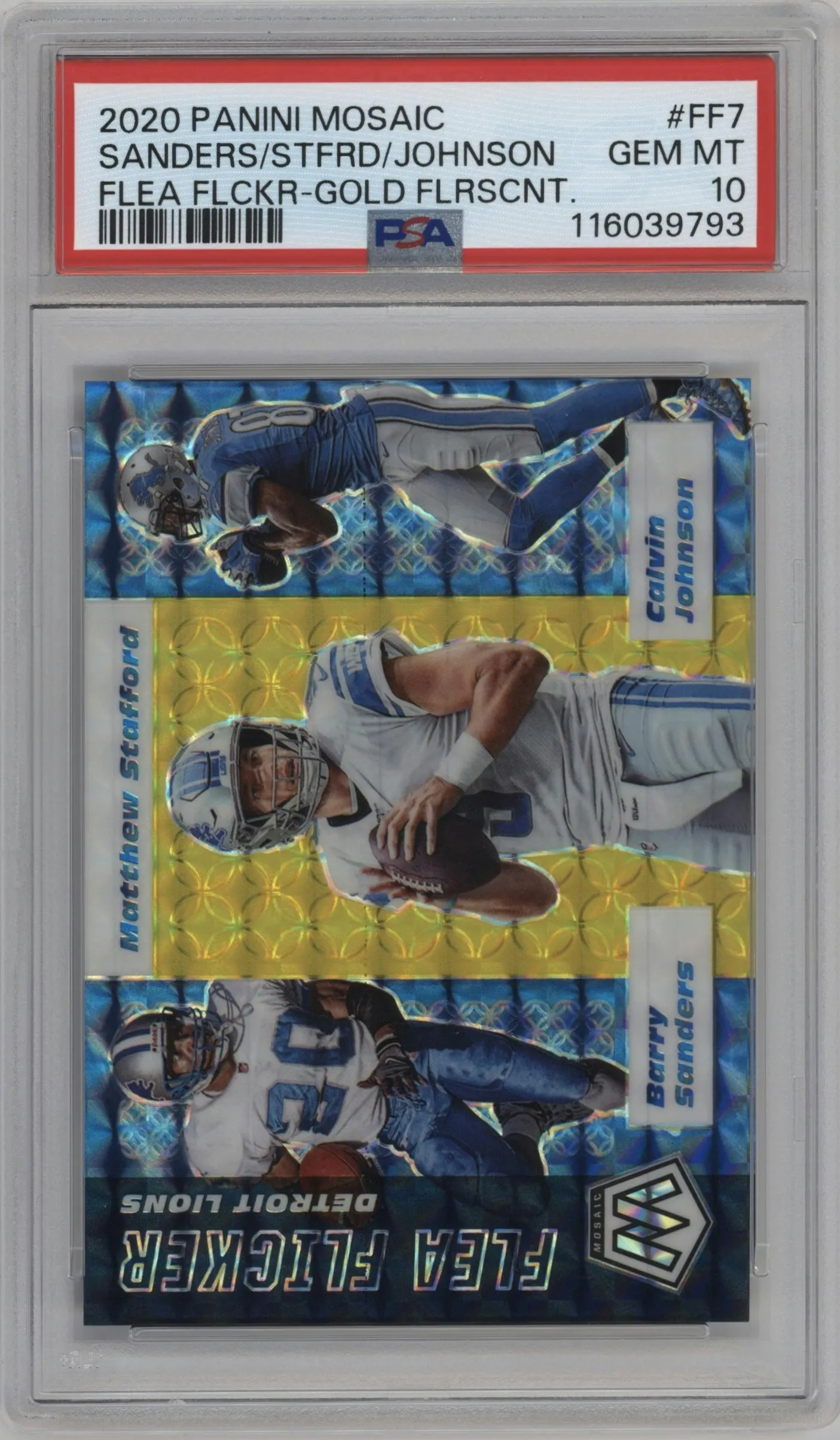 2020 Panini Mosaic Flea Flicker Barry Sanders/Matthew Stafford/Calvin Johnson Gold Fluorescent #FF7 PSA 10