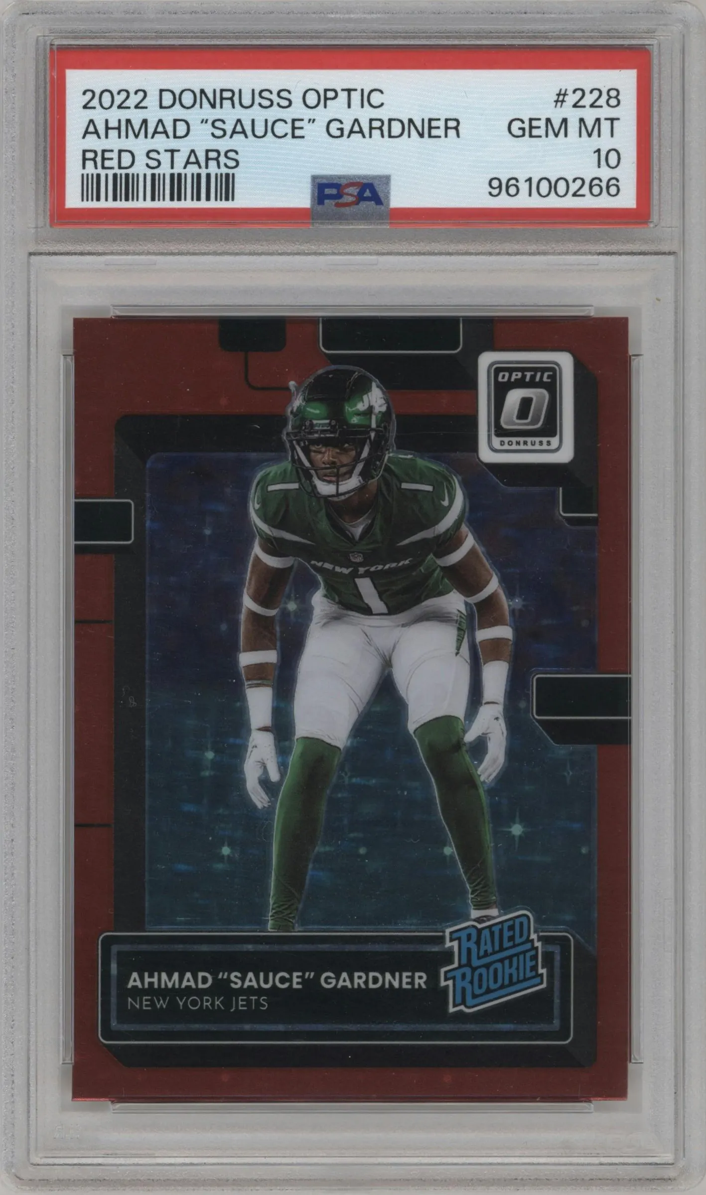 2022 Panini Donruss Optic Rated Rookie Ahmad "Sauce" Gardner Red Stars #228 PSA 10