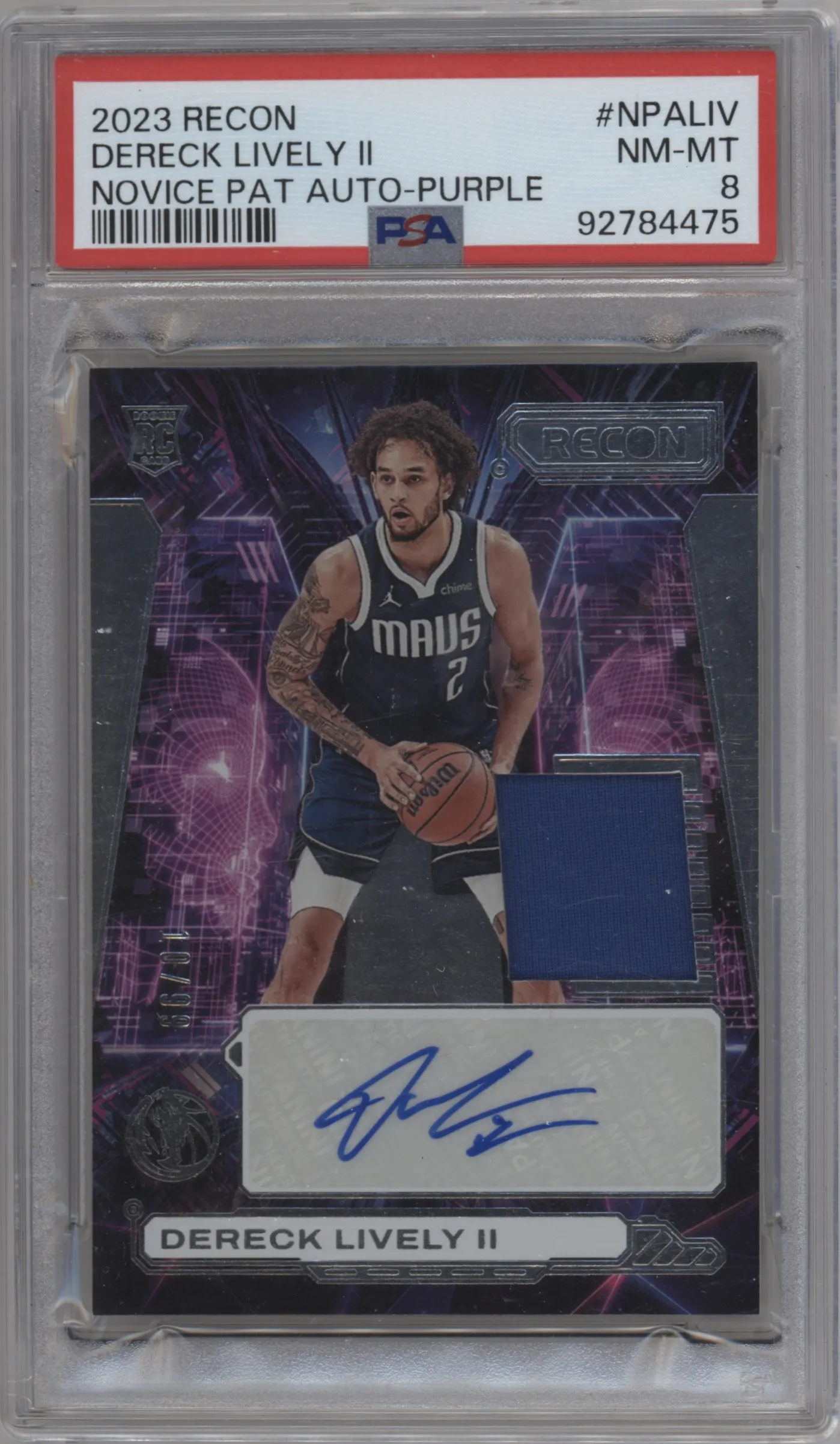 2023 Panini Recon Novice Ptch.Auto Dereck Lively II #NPA-LIV PSA 8