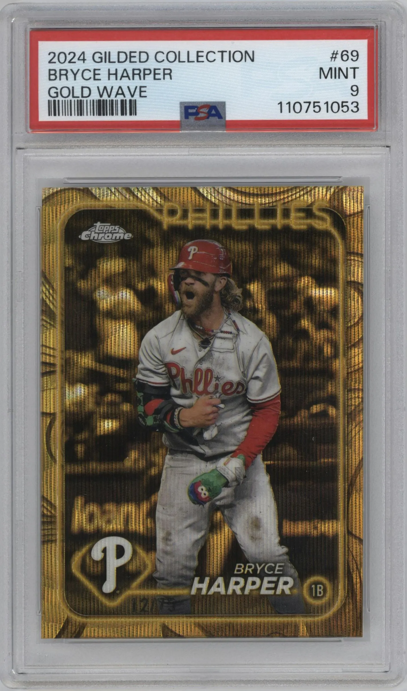 2024 Topps Gilded Collection Bryce Harper Gold Wave Refractor #69 PSA 9