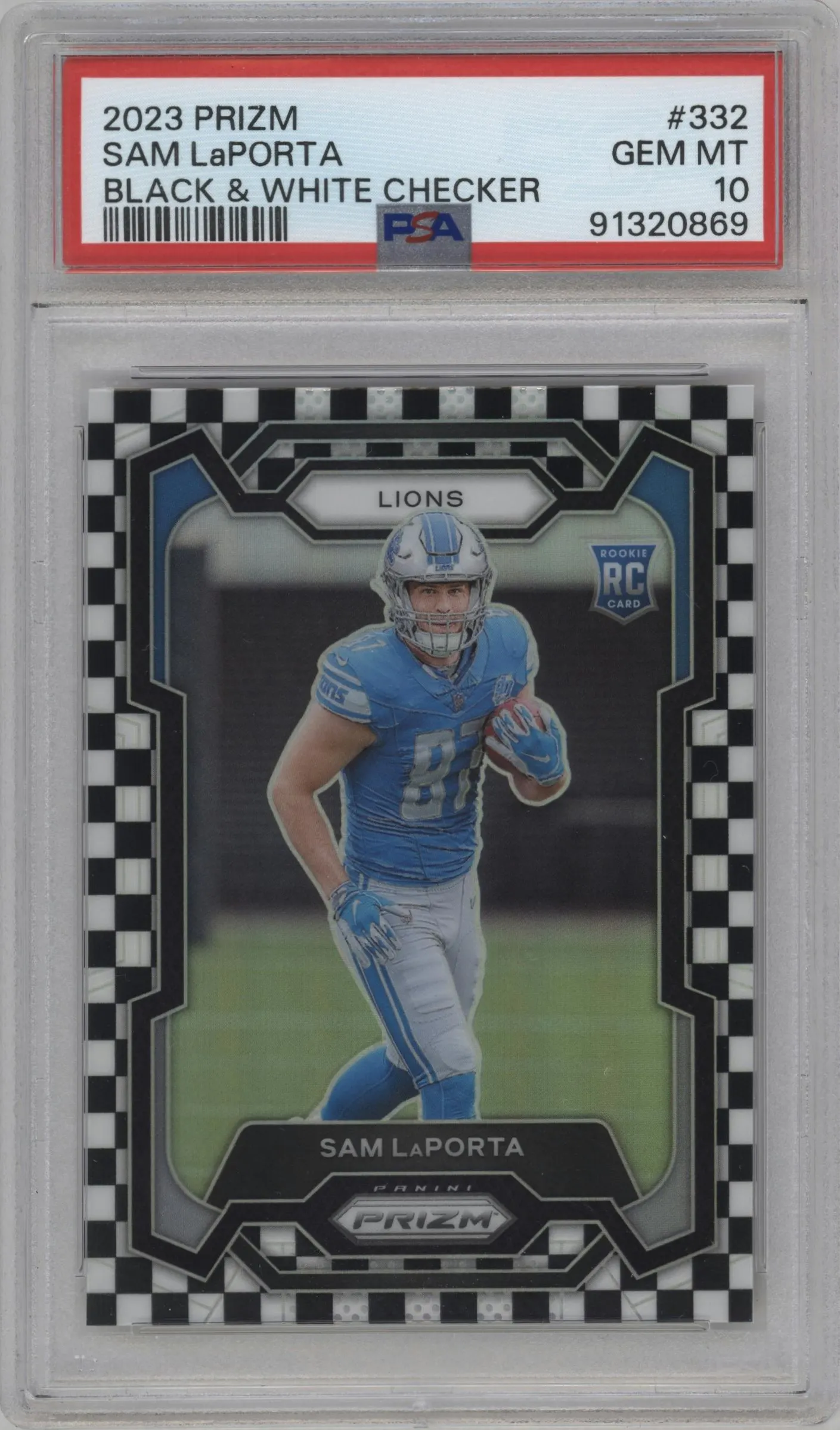 2023 Panini Prizm Sam LaPorta Black/White Checker #332 PSA 10