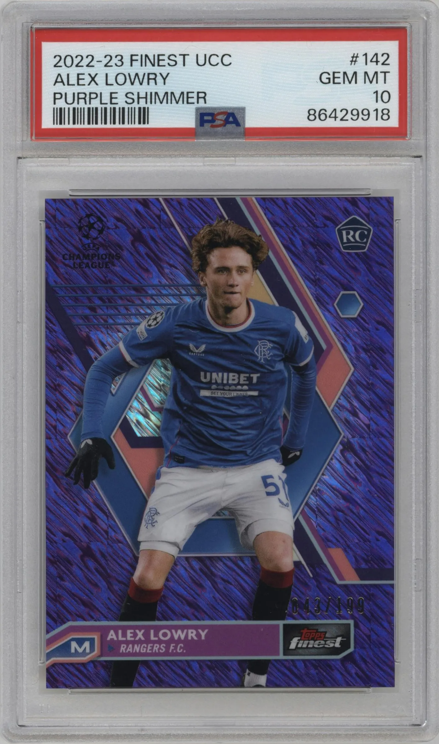 2022 Topps Finest UEFA Club Competitions Alex Lowry Purple Shimmer Refractor PSA 10
